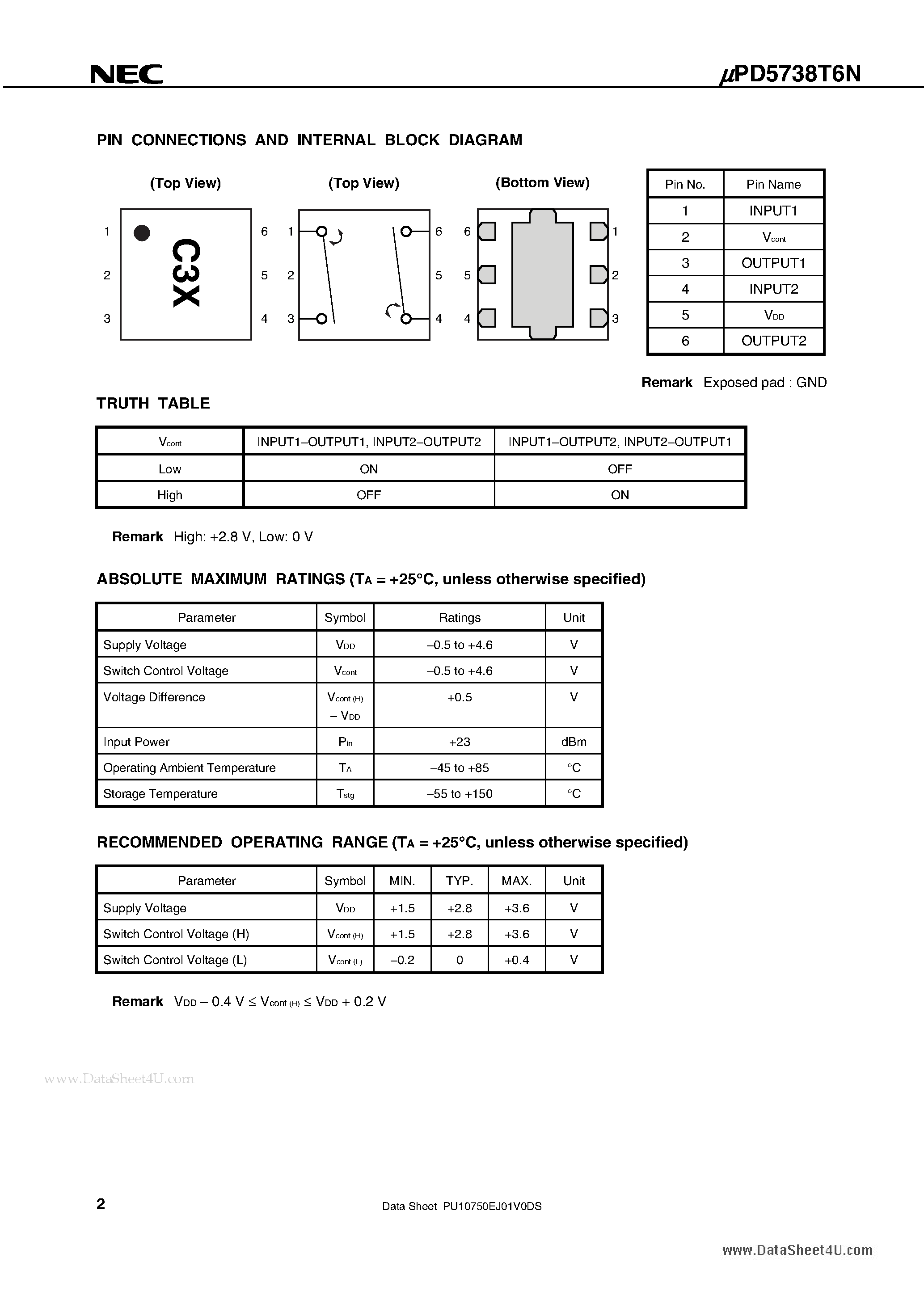 Datasheet UPD5738T6N page 2 Datasheet UPD5738T6N - WIDE BAND DPDT SWITCH page 2