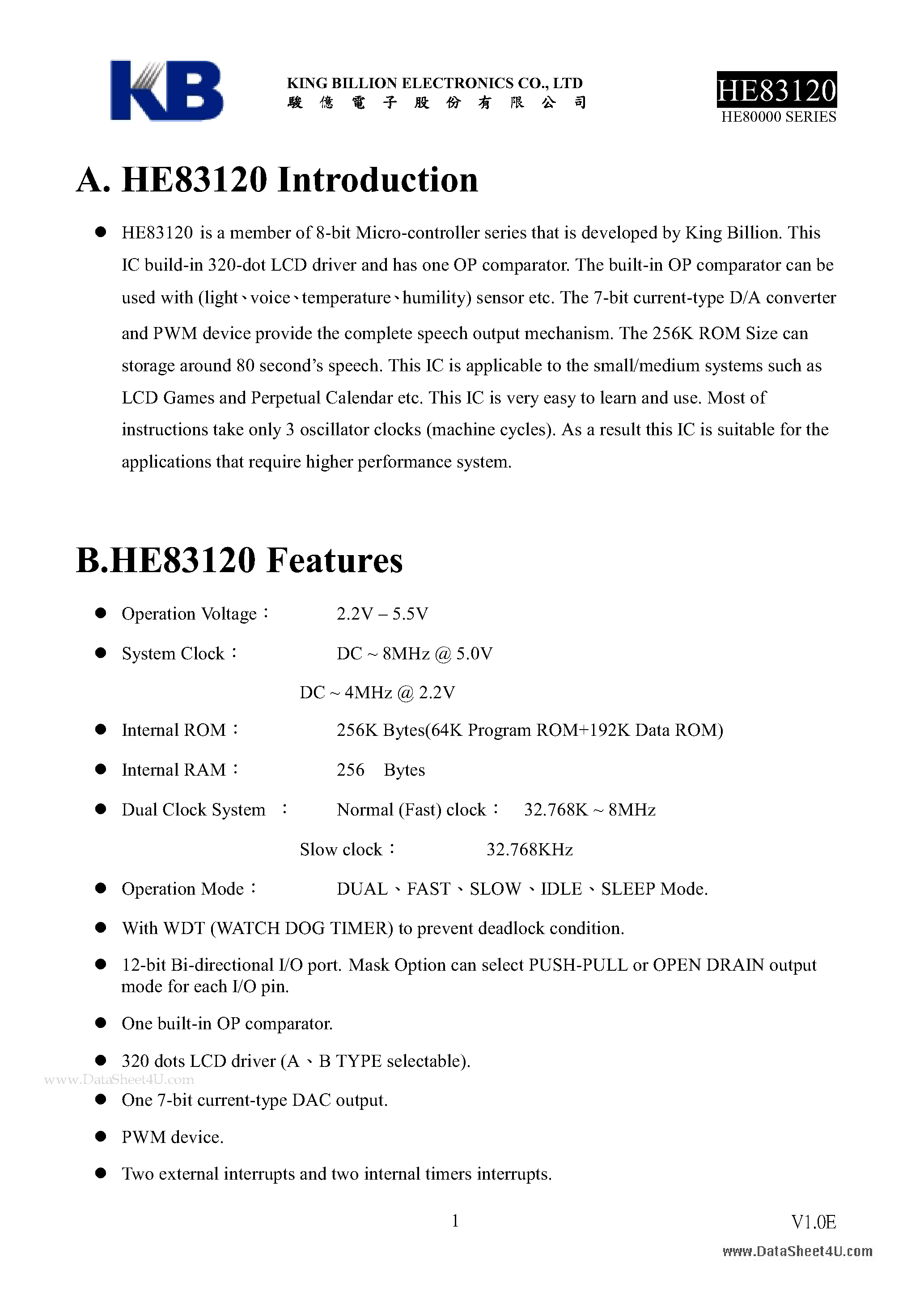Даташит HE83120 - 8-BIT MICRO-CONTROLLER страница 1
