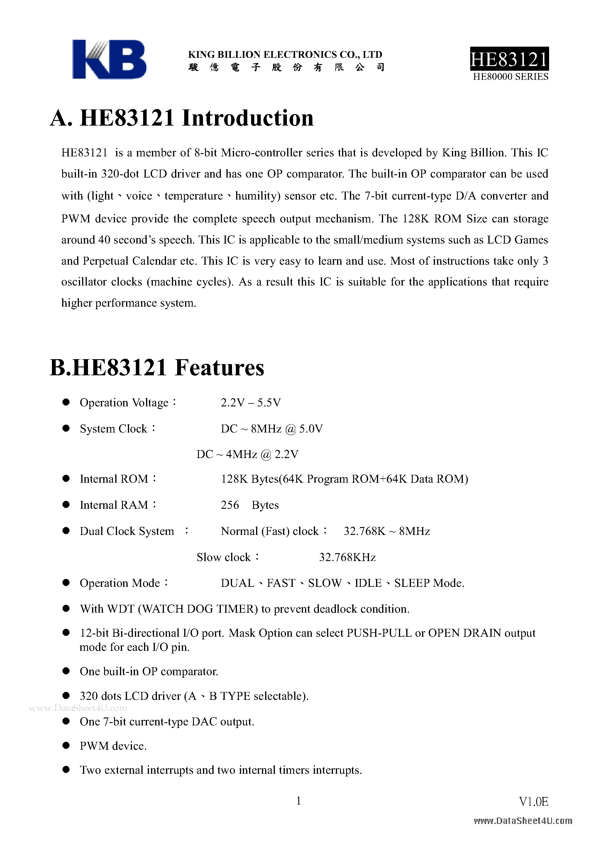 Даташит HE83121 - 8-BIT MICRO-CONTROLLER страница 1