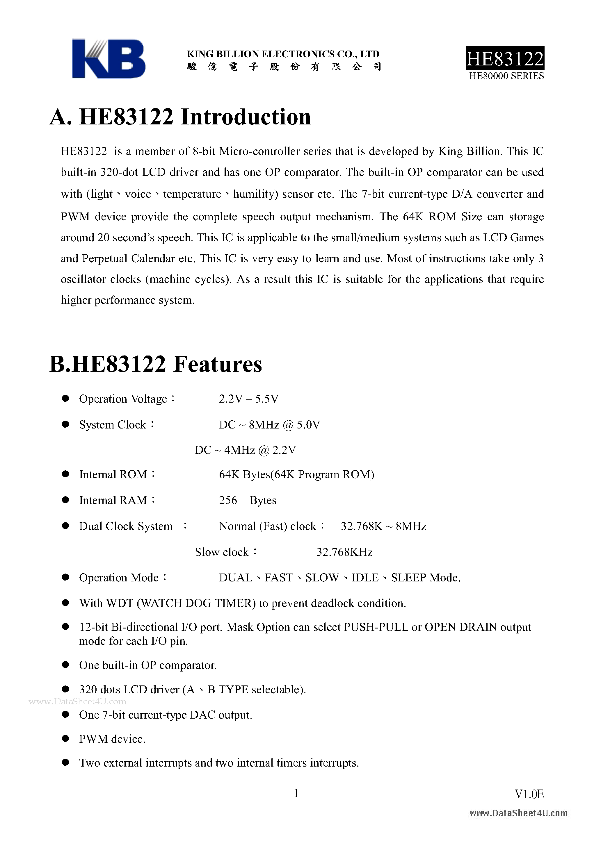 Даташит HE83122 - 8-BIT MICRO-CONTROLLER страница 1