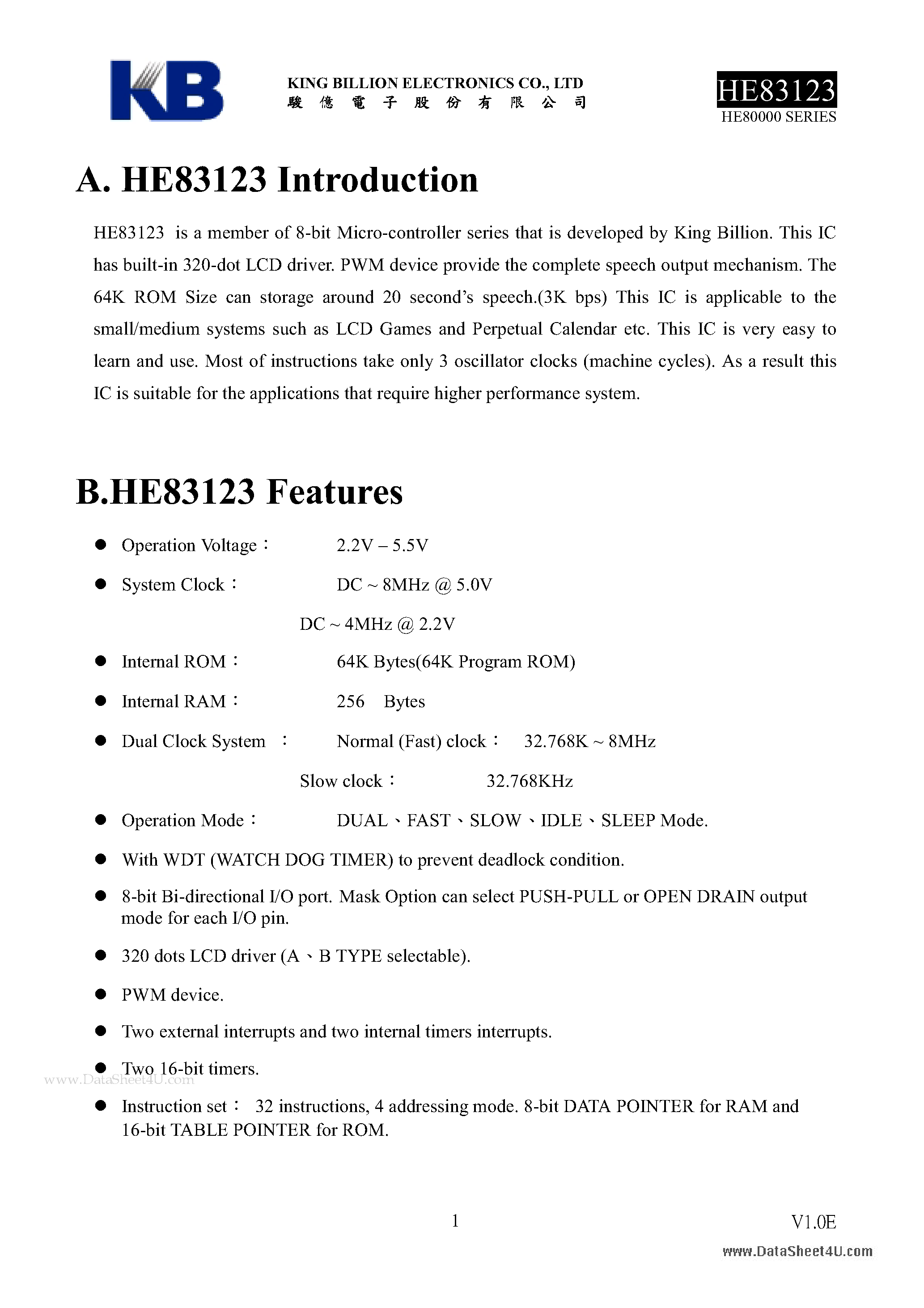 Даташит HE83123 - 8-BIT MICRO-CONTROLLER страница 1