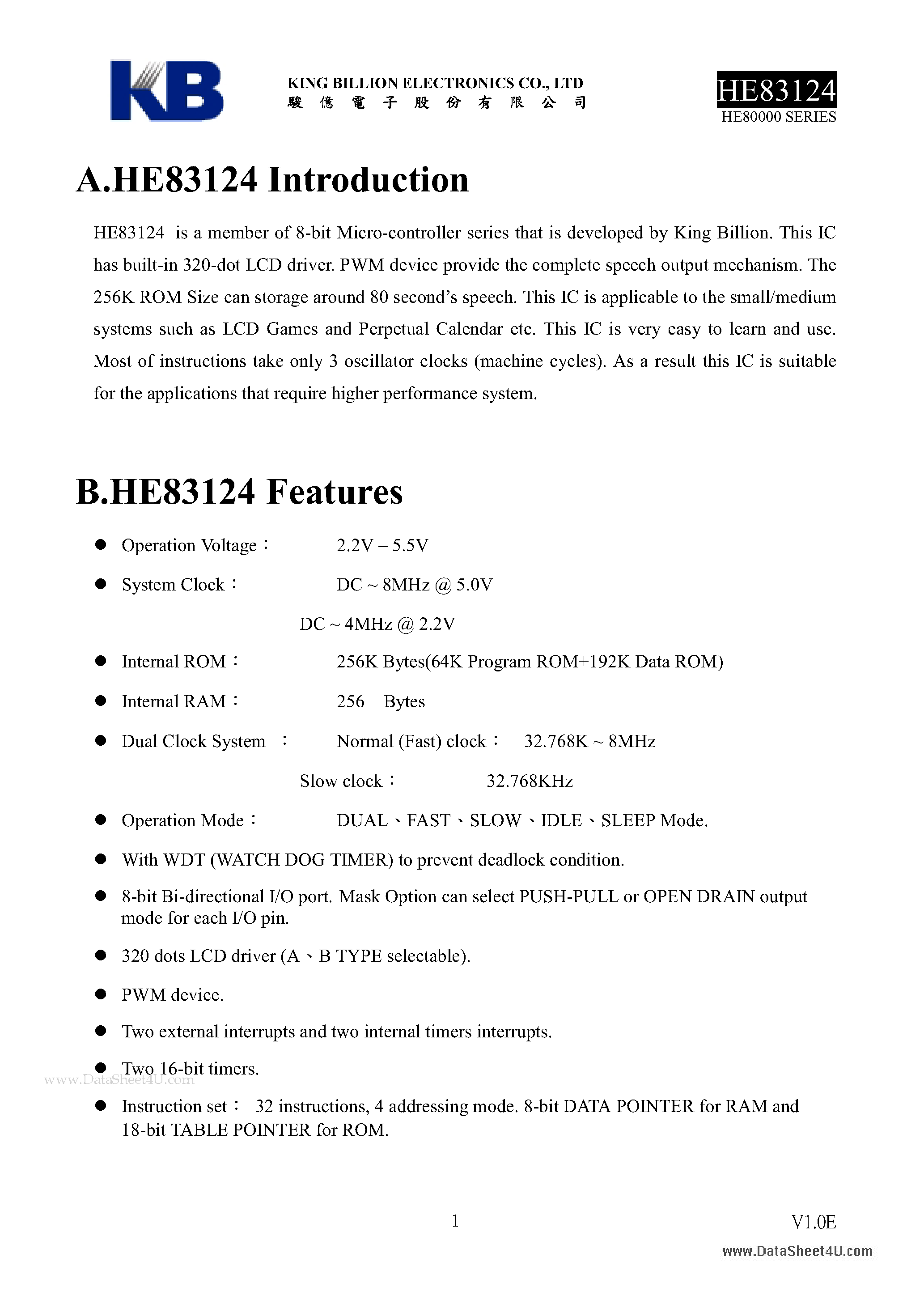Даташит HE83124 - 8-BIT MICRO-CONTROLLER страница 1