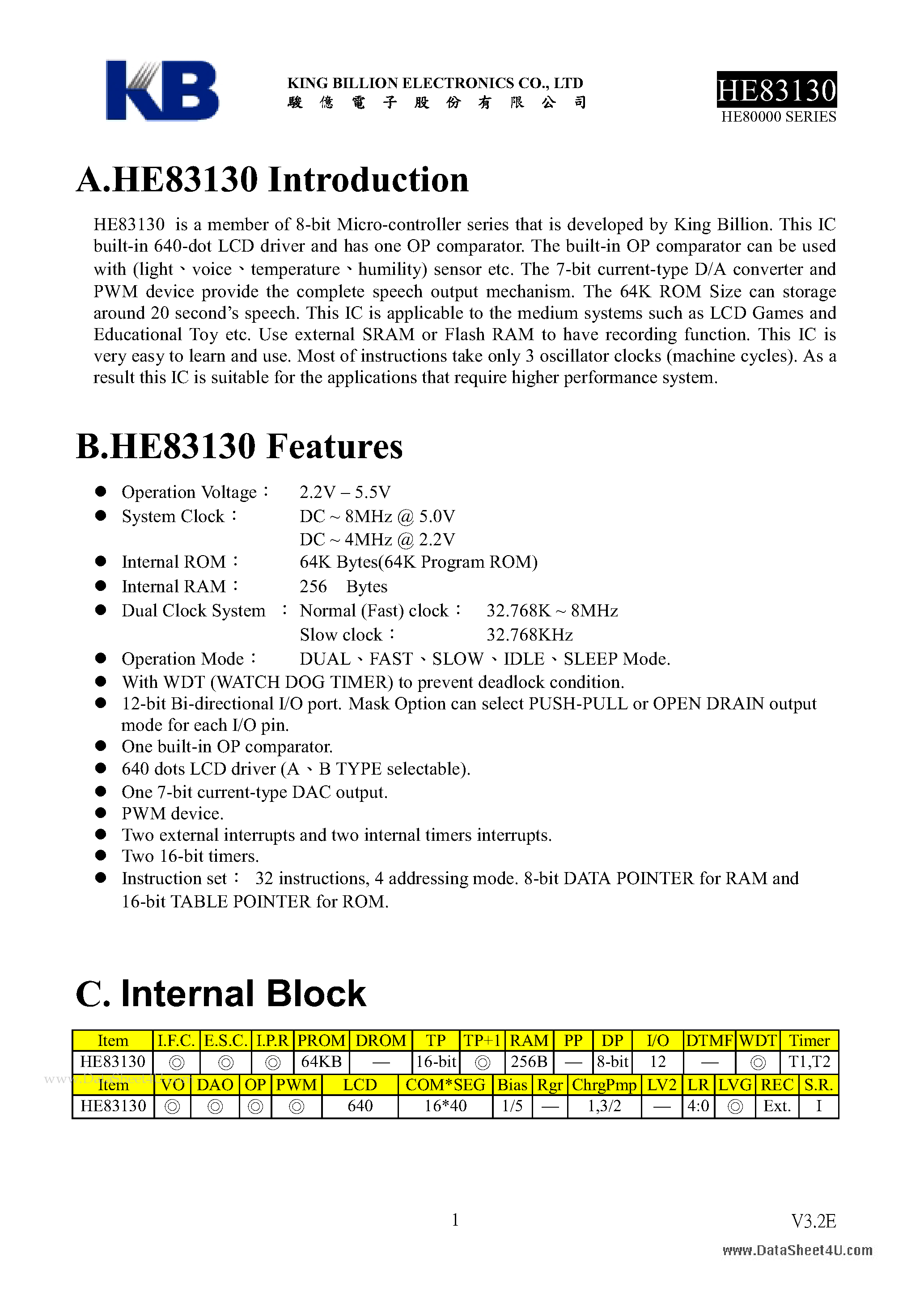 Даташит на микросхему HE83130 страница 1 Даташит HE83130 - 8-BIT MICRO-CONTROLLER страница 1