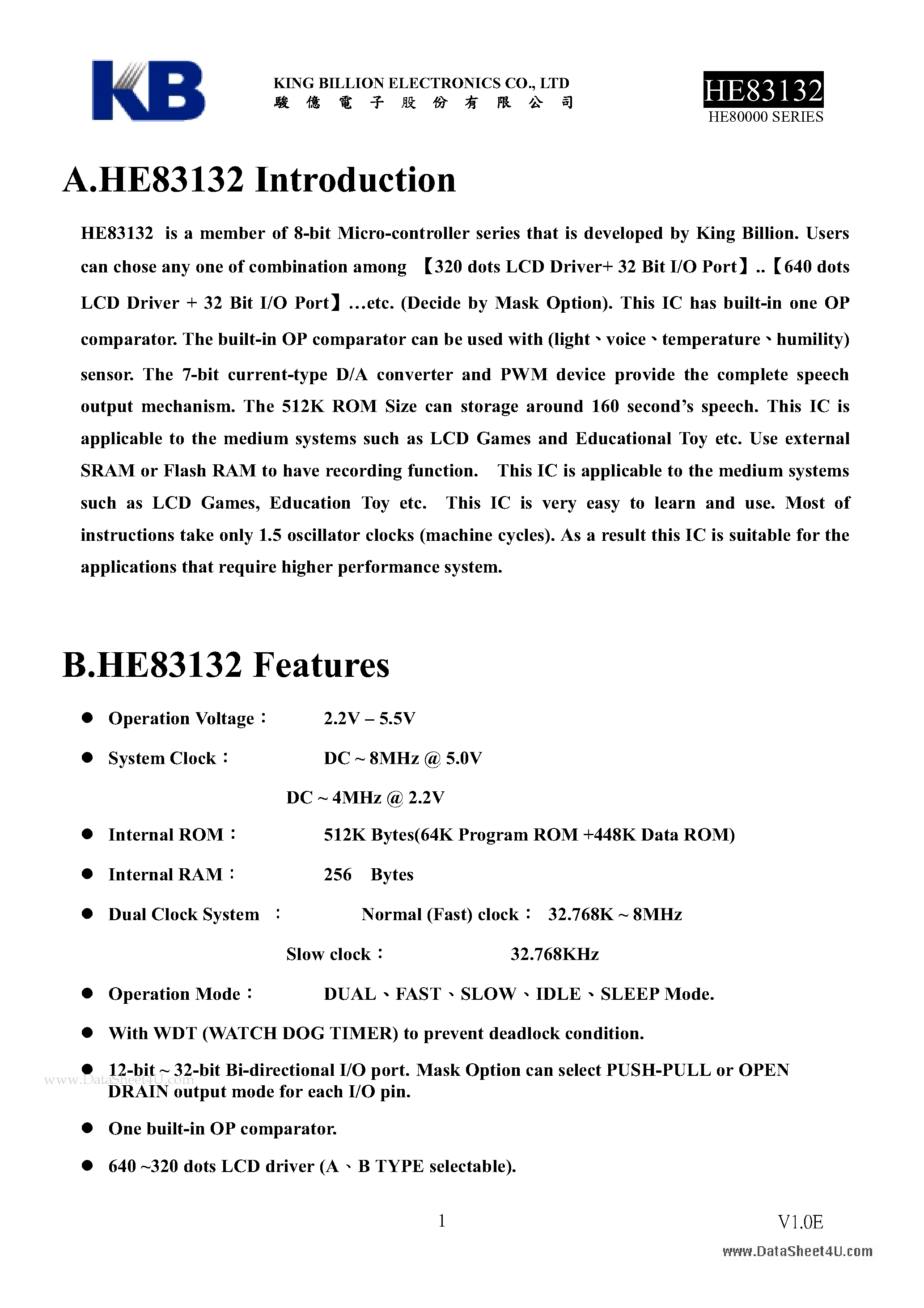 Даташит HE83132 - 8-BIT MICRO-CONTROLLER страница 1