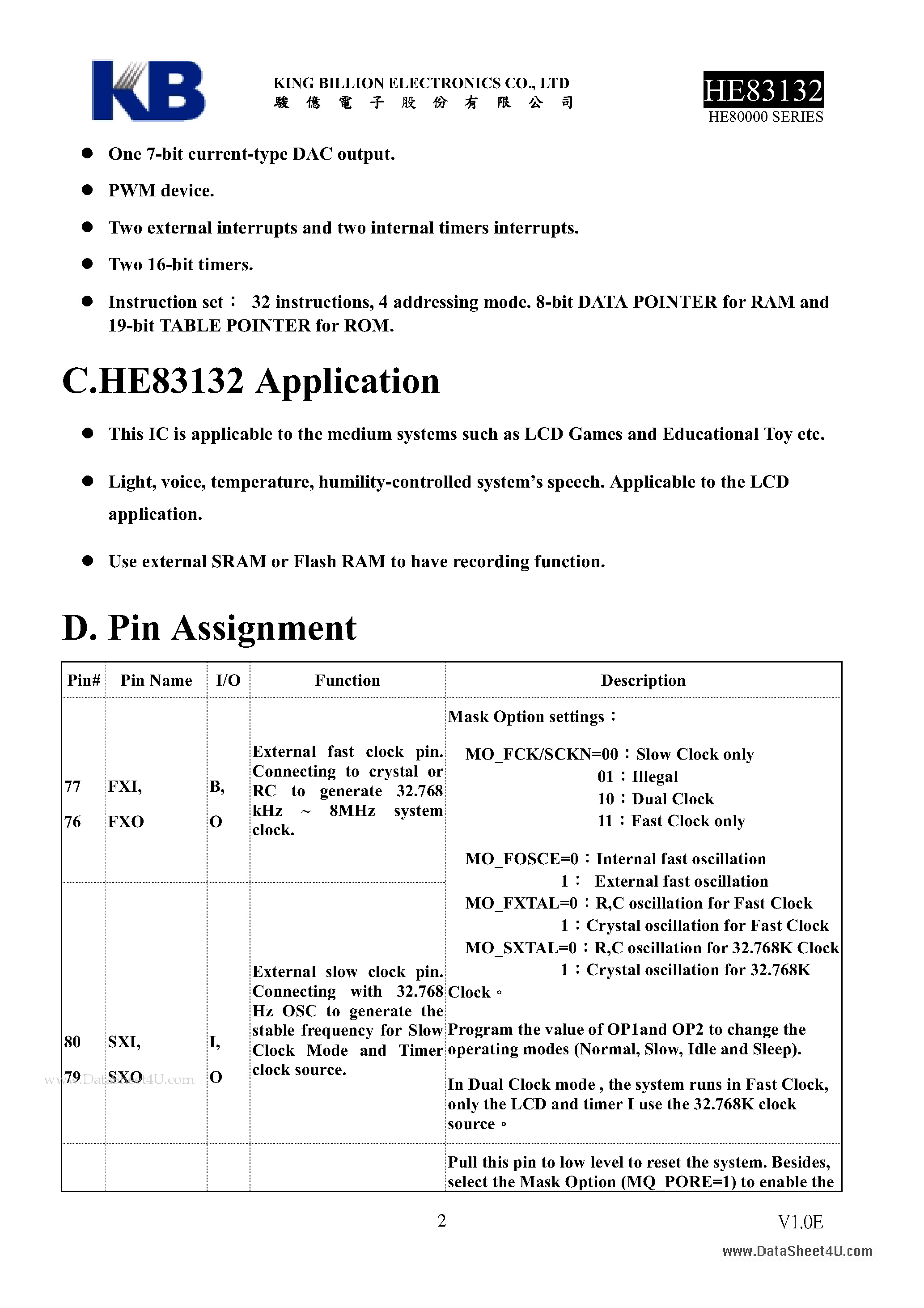 Даташит HE83132 - 8-BIT MICRO-CONTROLLER страница 2