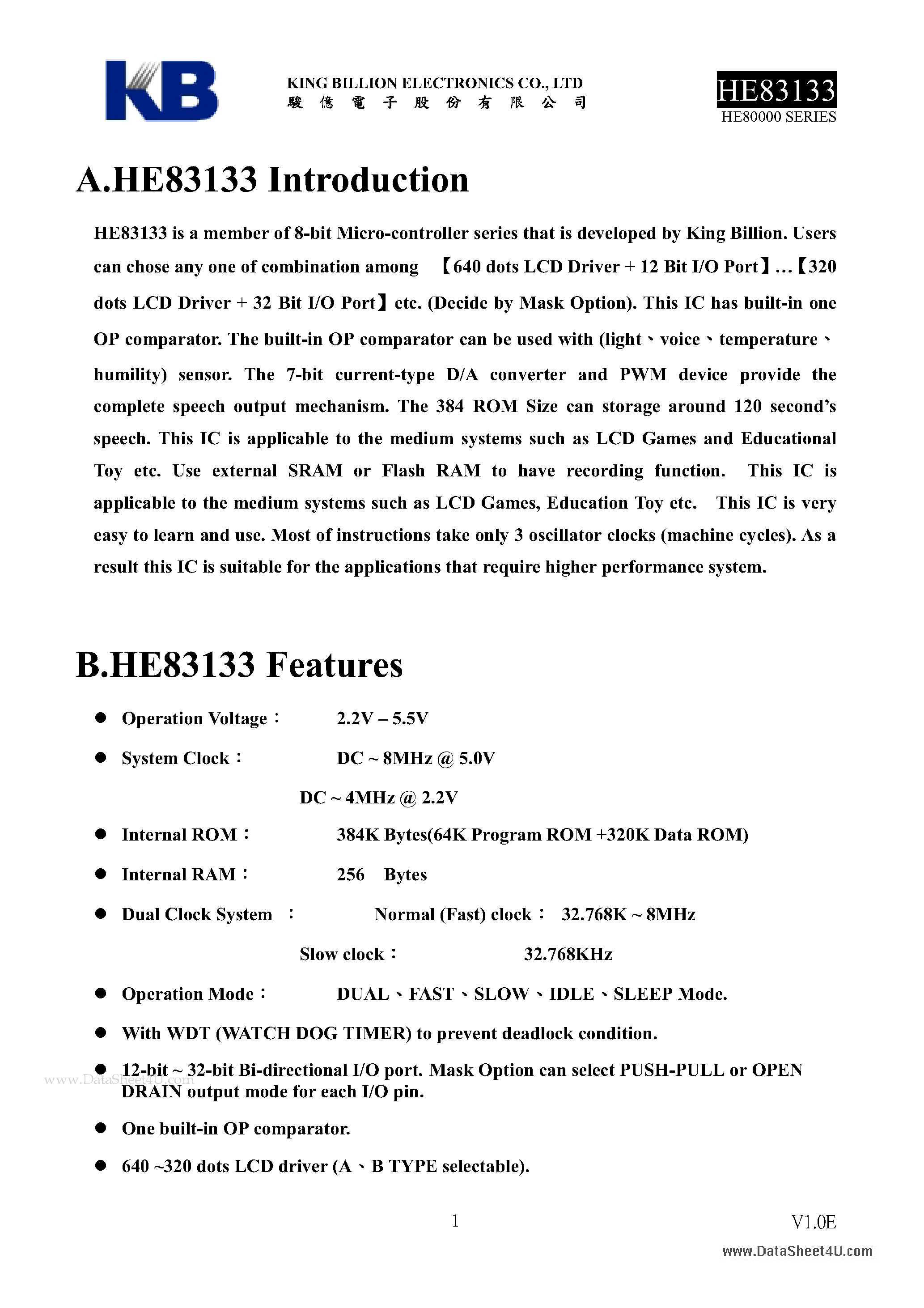 Datasheet HE83133 - 8-BIT MICRO-CONTROLLER page 1