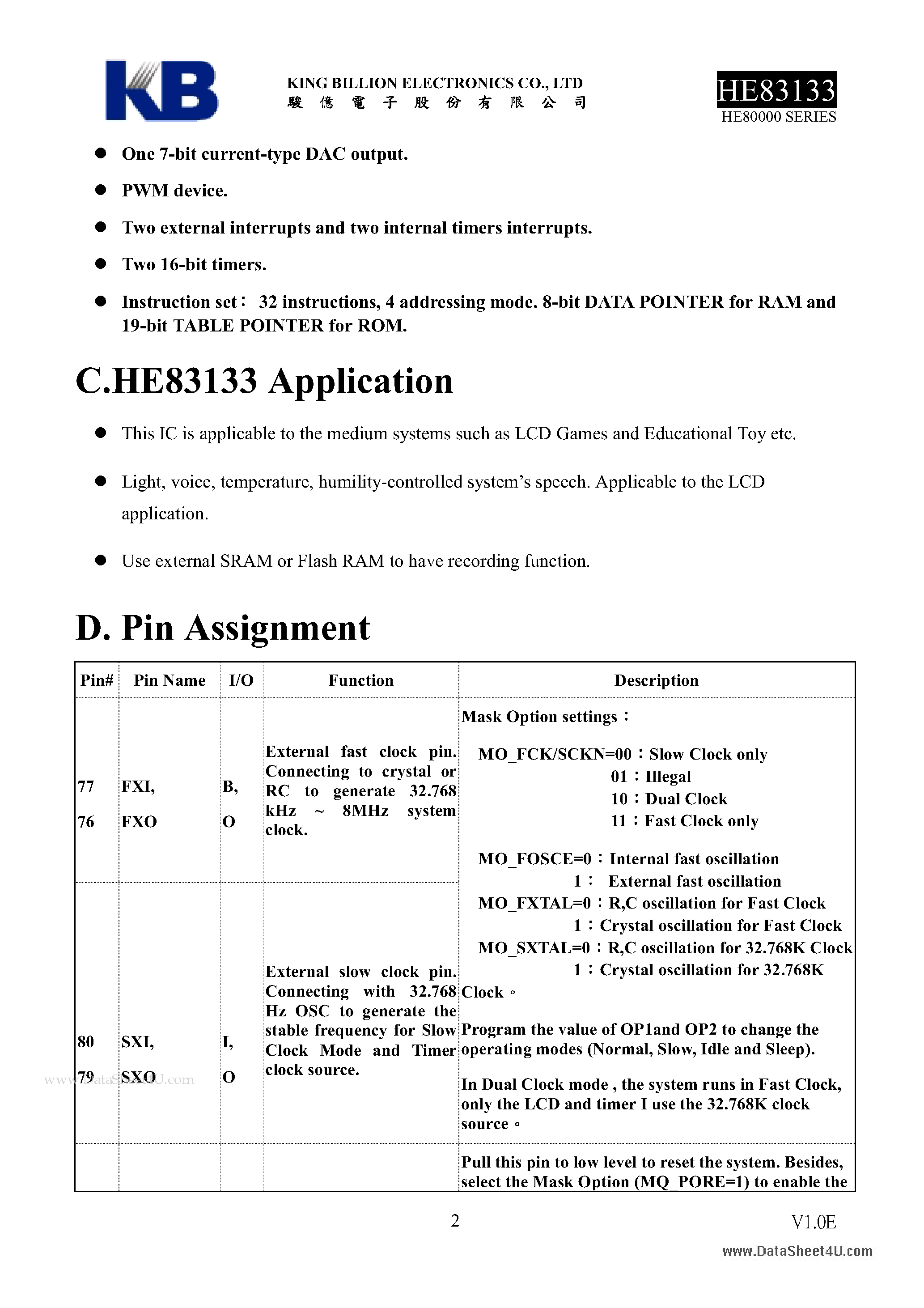 Datasheet HE83133 - 8-BIT MICRO-CONTROLLER page 2
