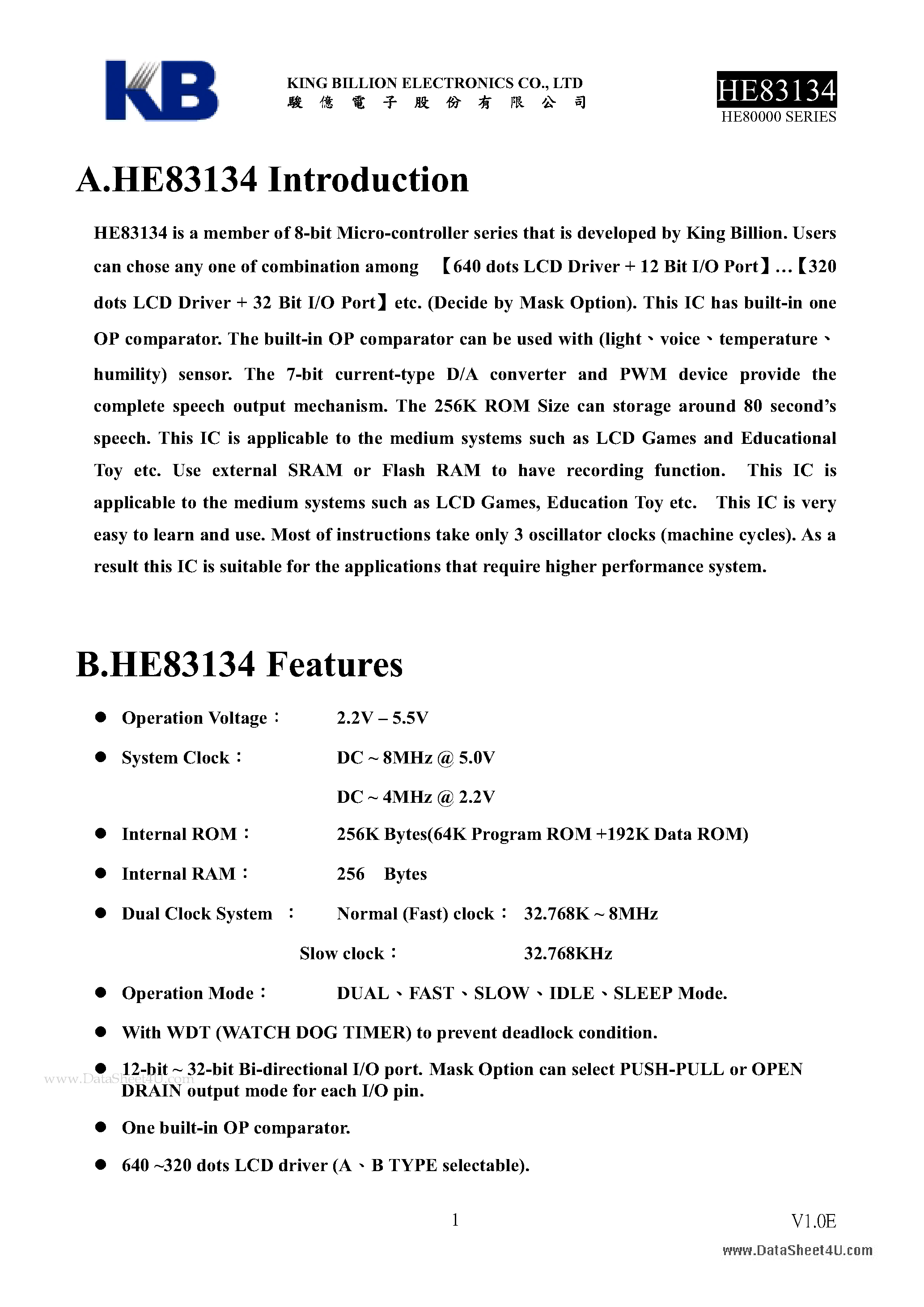 Datasheet HE83134 - 8-BIT MICRO-CONTROLLER page 1