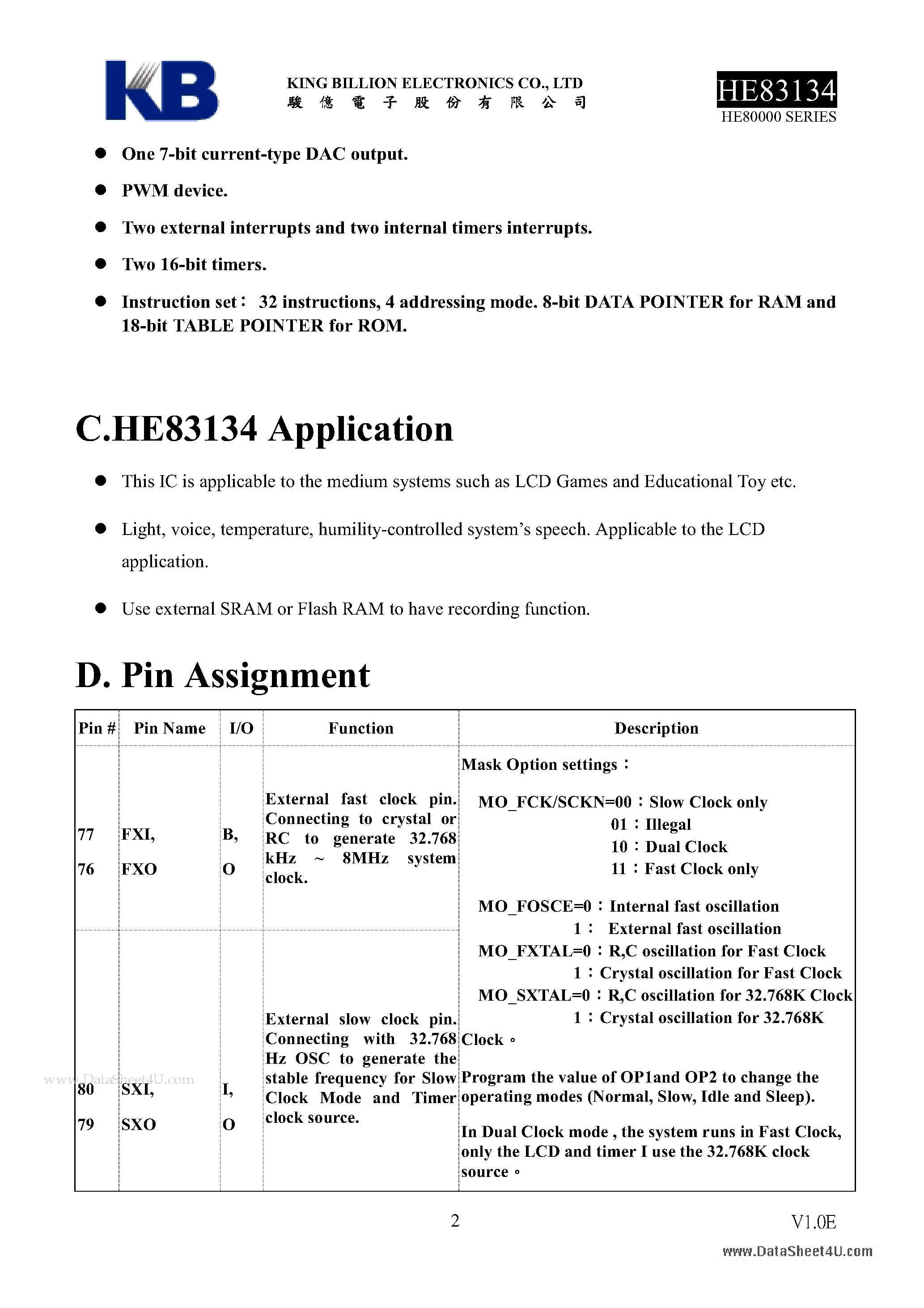 Datasheet HE83134 - 8-BIT MICRO-CONTROLLER page 2