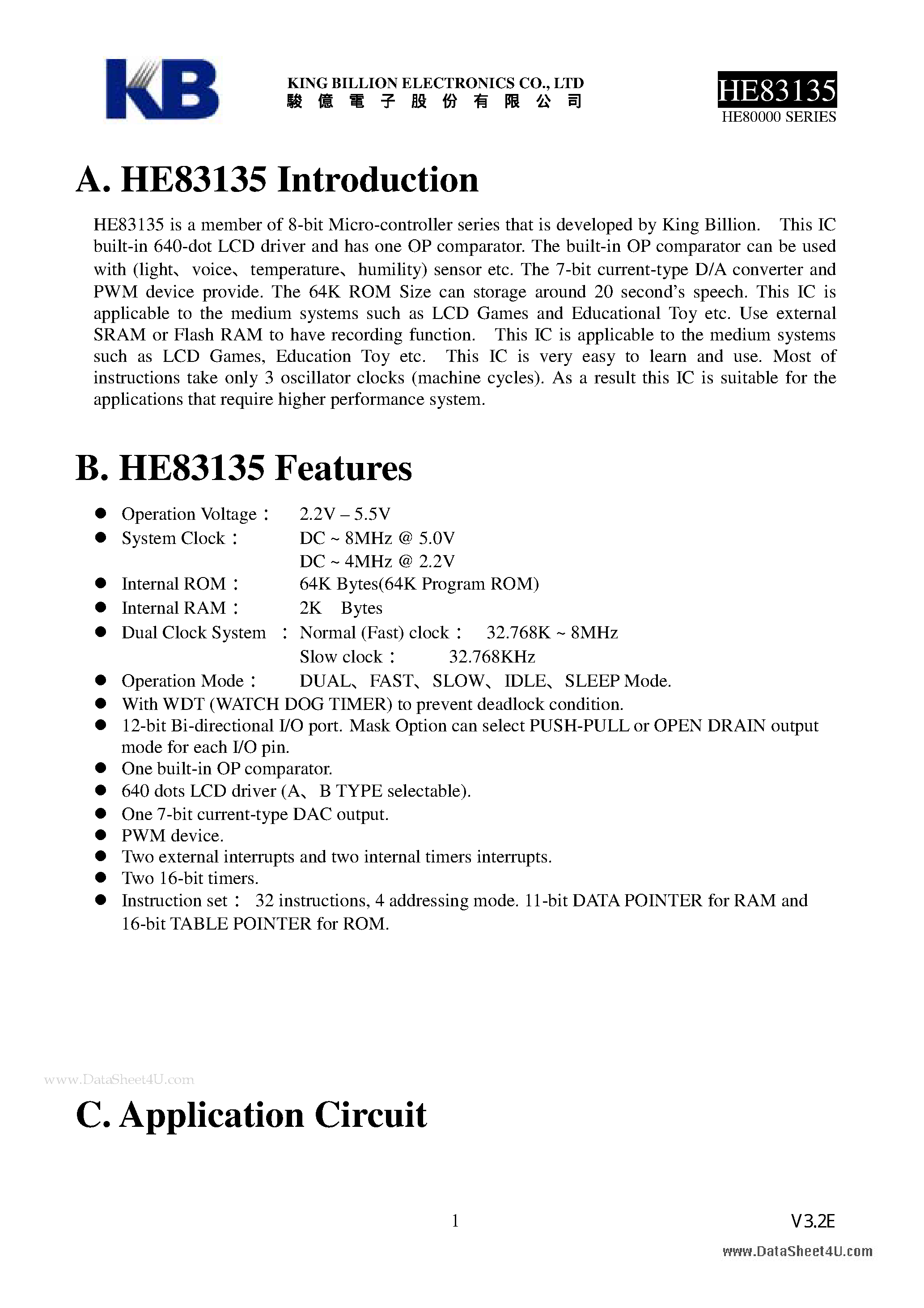 Datasheet HE83135 - 8-BIT MICRO-CONTROLLER page 1