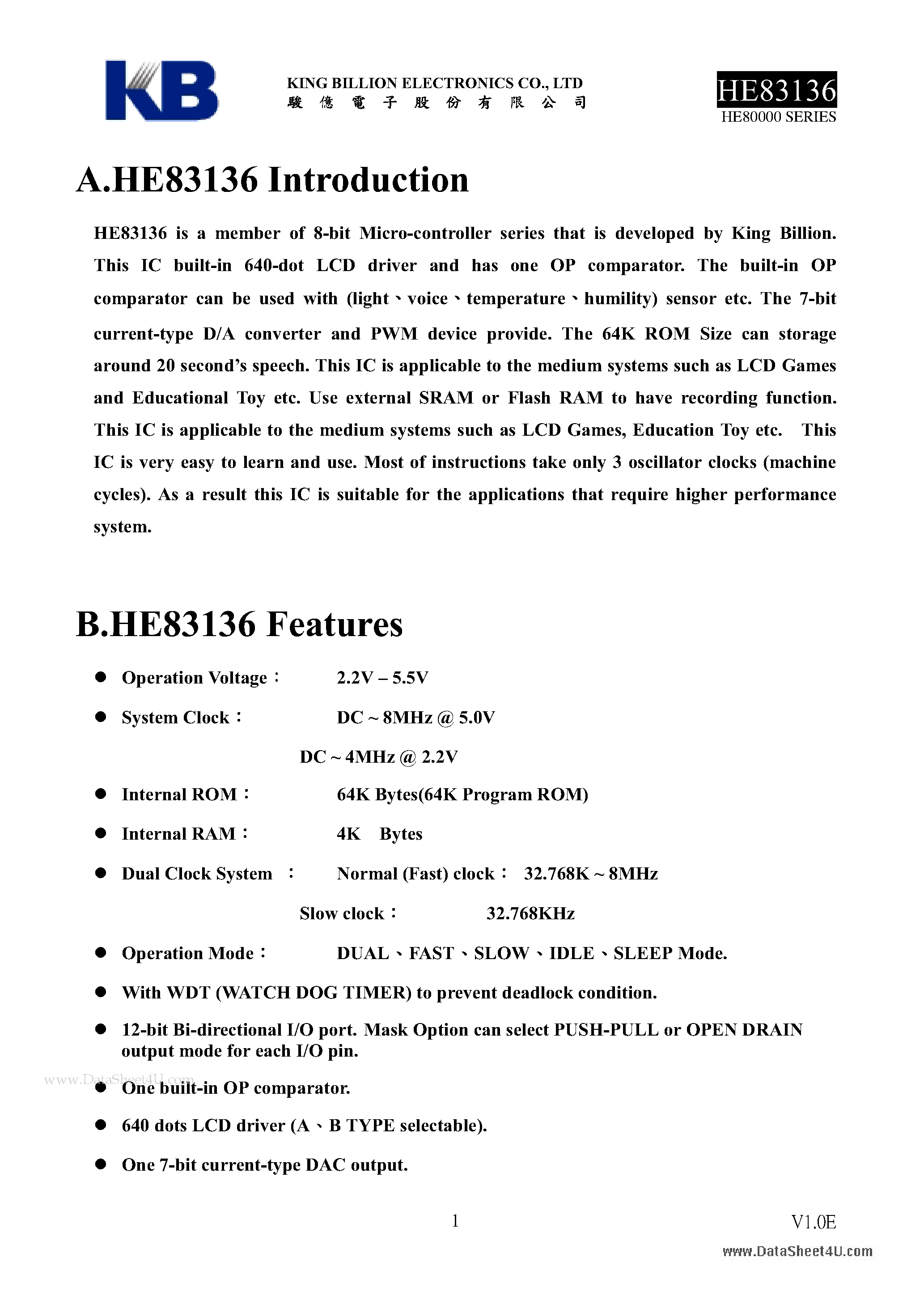 Datasheet HE83136 - 8-BIT MICRO-CONTROLLER page 1