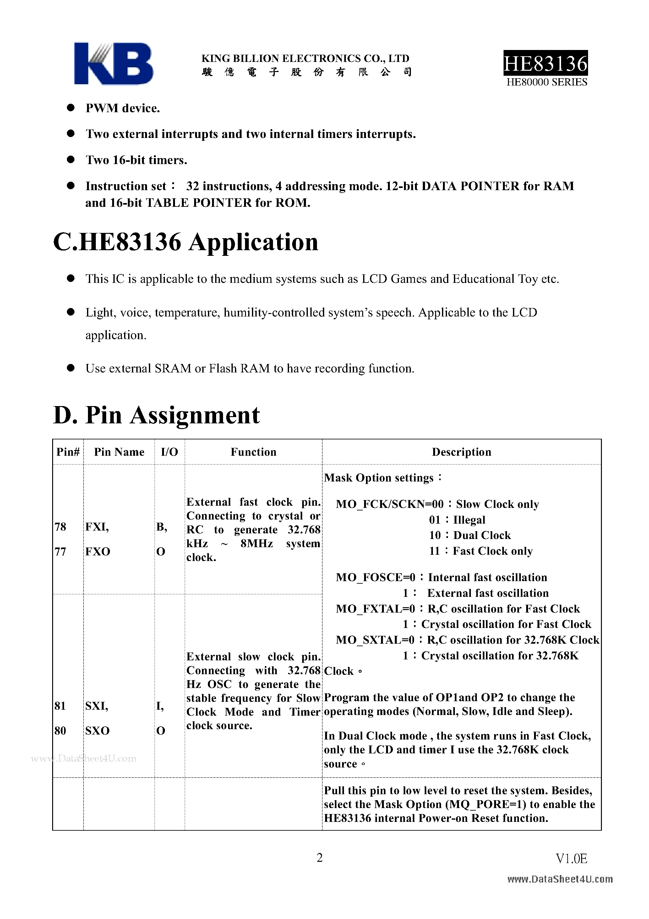 Datasheet HE83136 - 8-BIT MICRO-CONTROLLER page 2