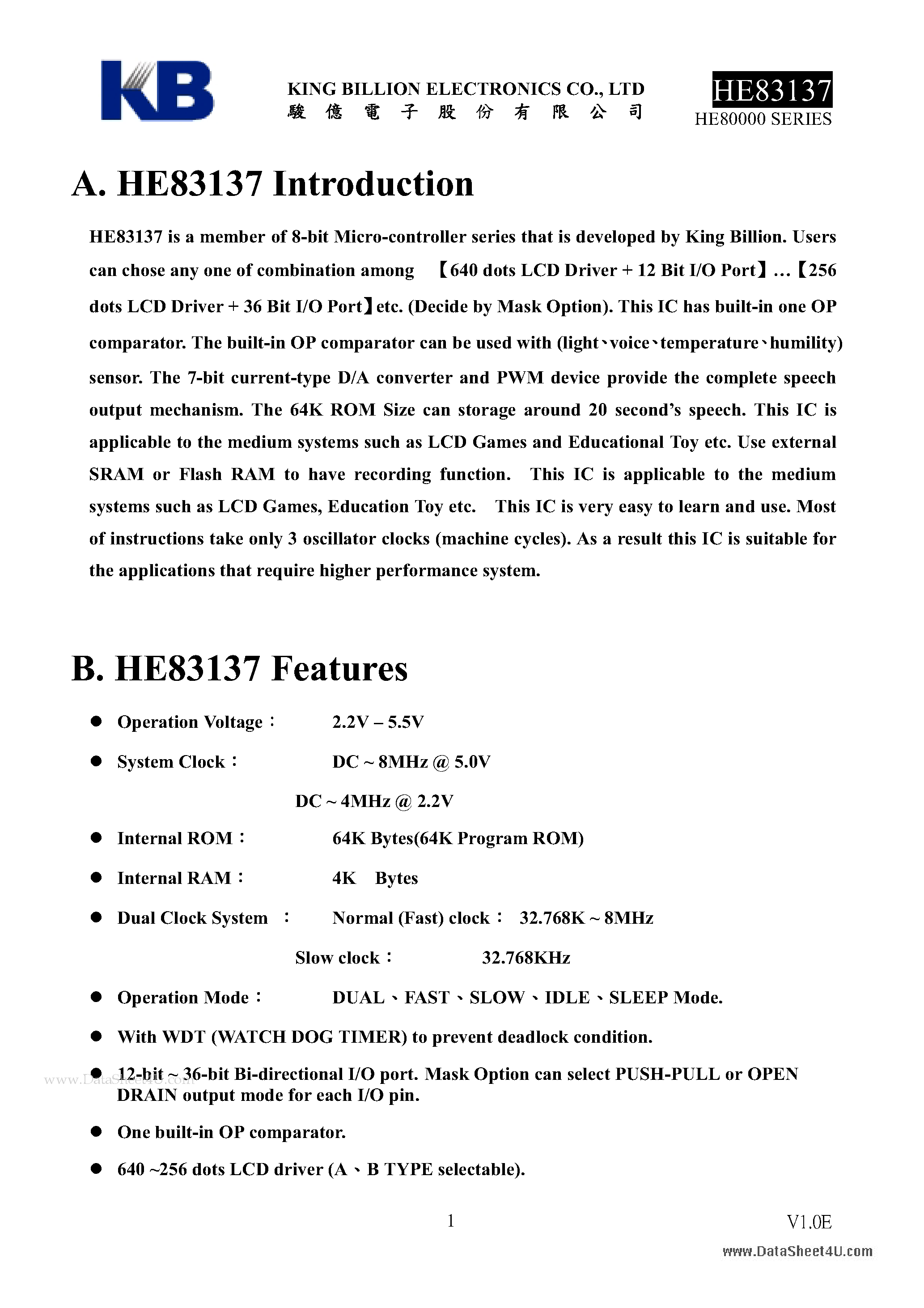 Datasheet HE83137 - 8-BIT MICRO-CONTROLLER page 1