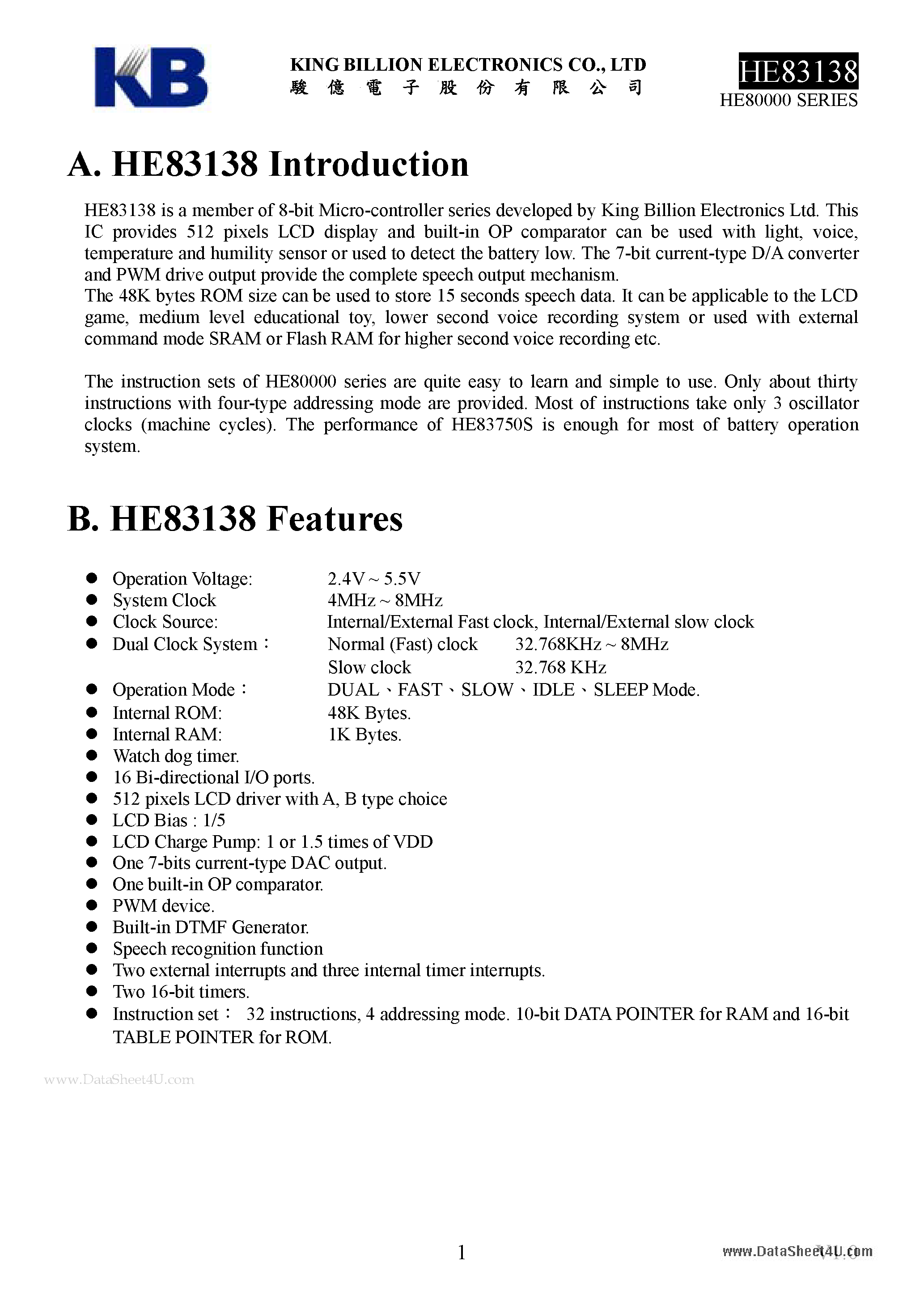 Datasheet HE83138 - 8-BIT MICRO-CONTROLLER page 1