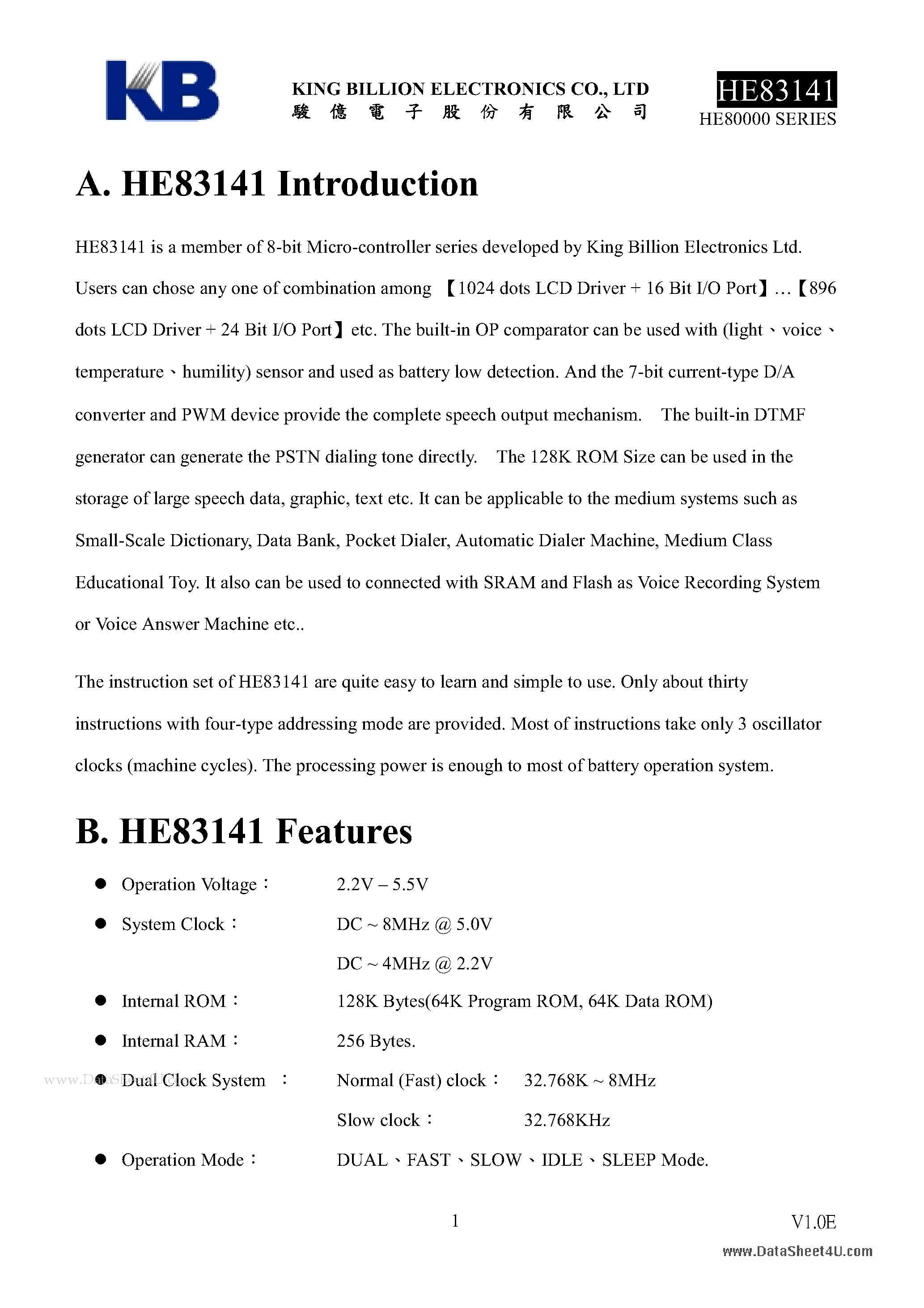 Datasheet HE83141 - 8-BIT MICRO-CONTROLLER page 1