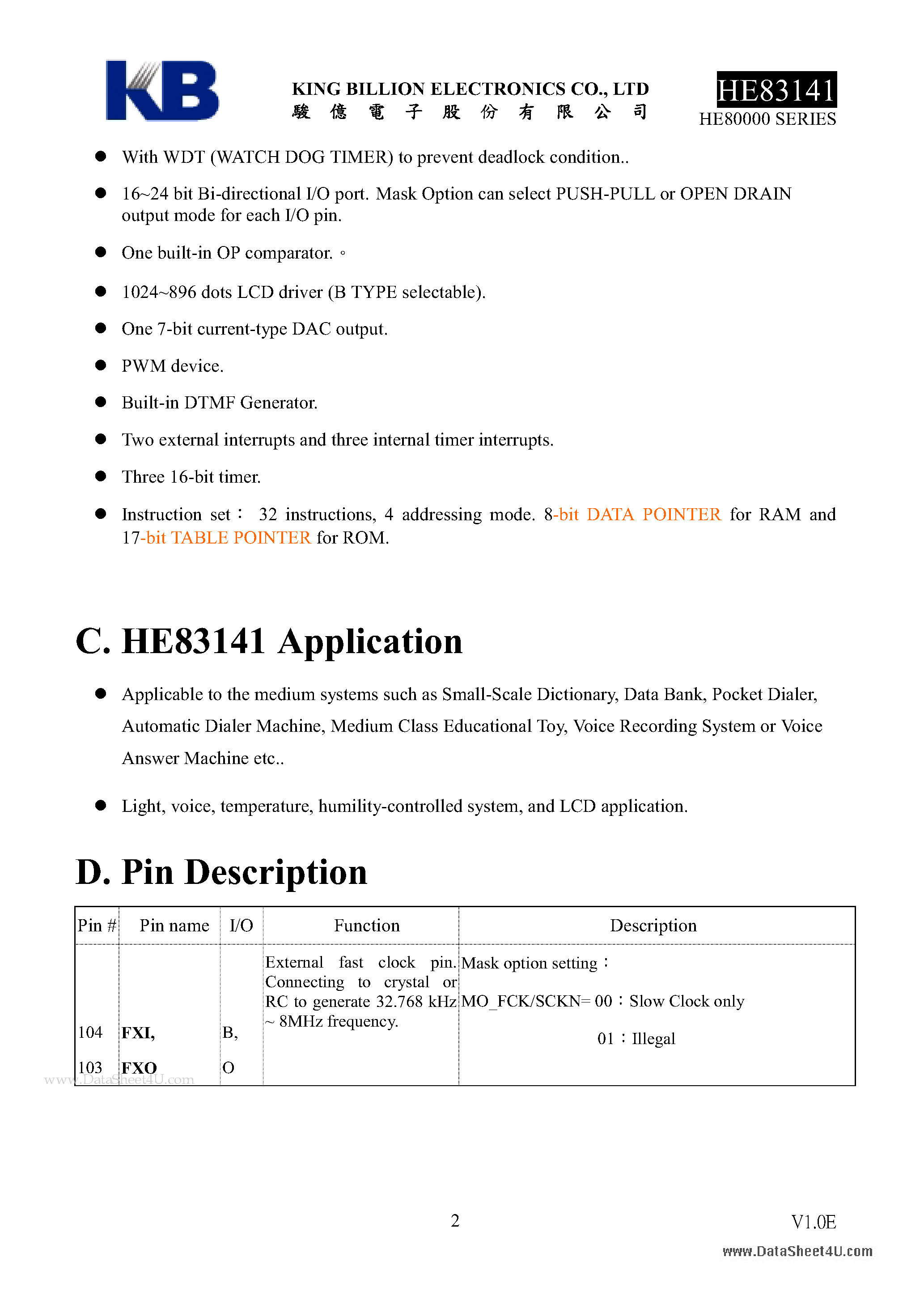 Datasheet HE83141 - 8-BIT MICRO-CONTROLLER page 2