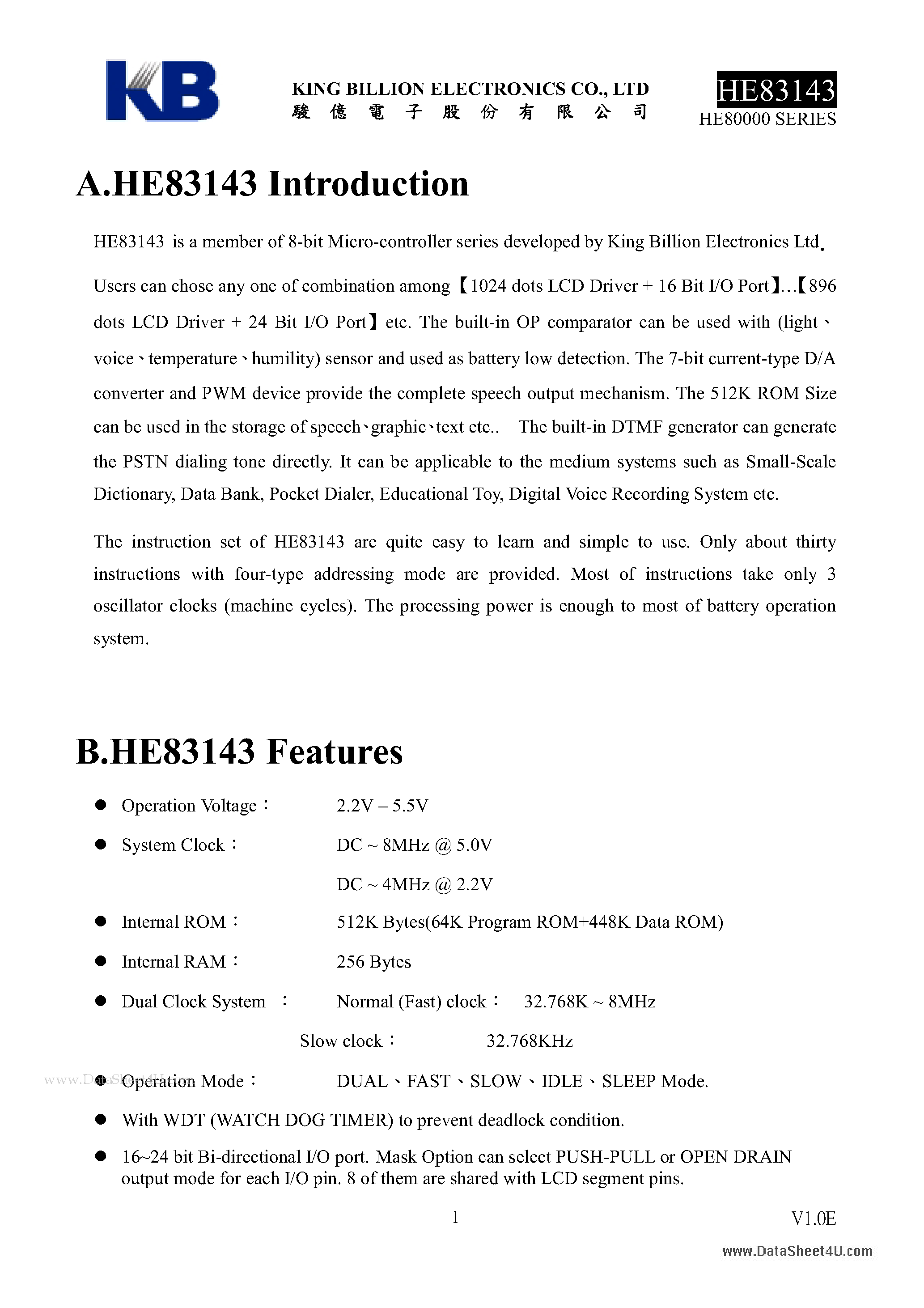 Datasheet HE83143 - 8-BIT MICRO-CONTROLLER page 1