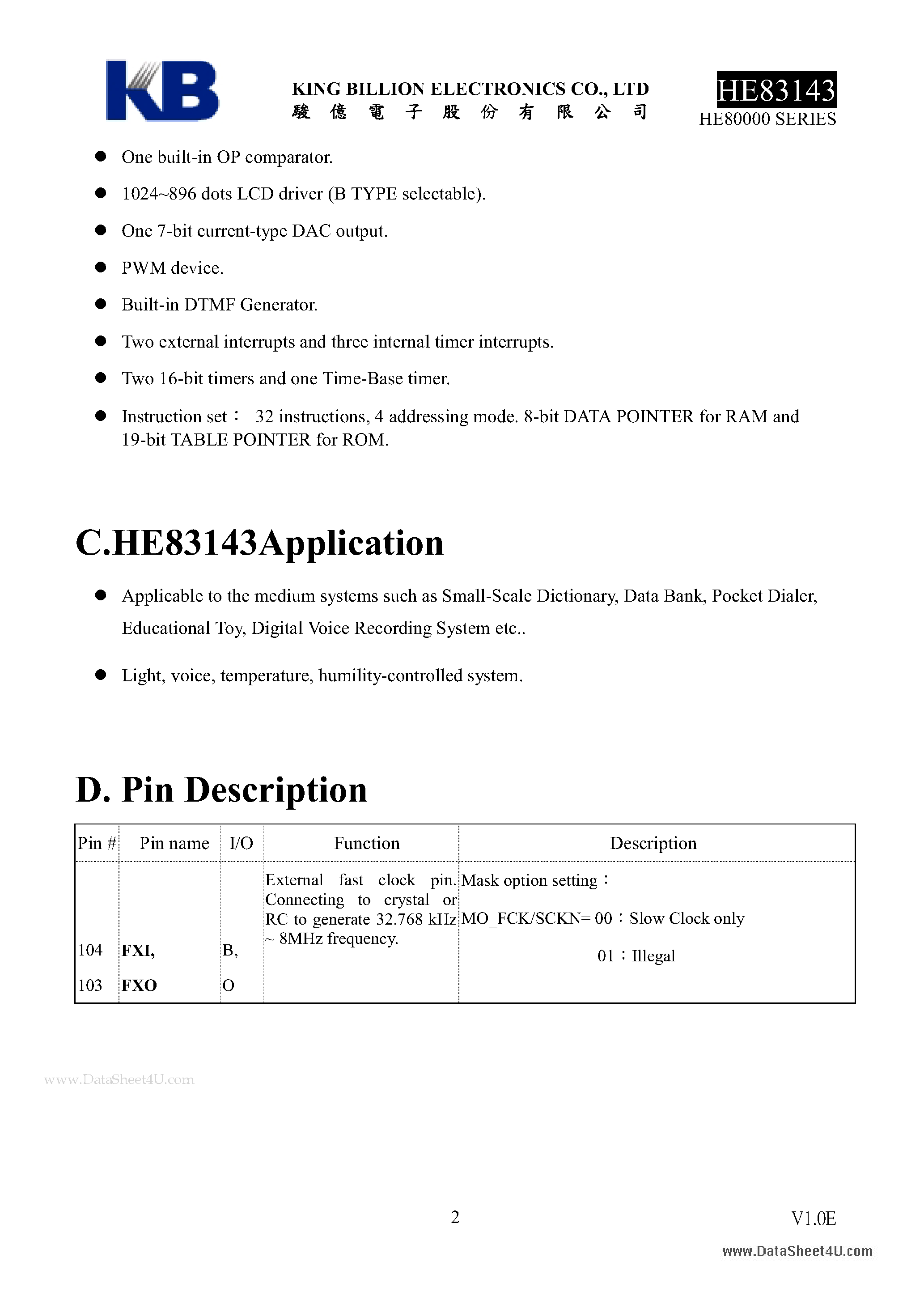 Datasheet HE83143 - 8-BIT MICRO-CONTROLLER page 2