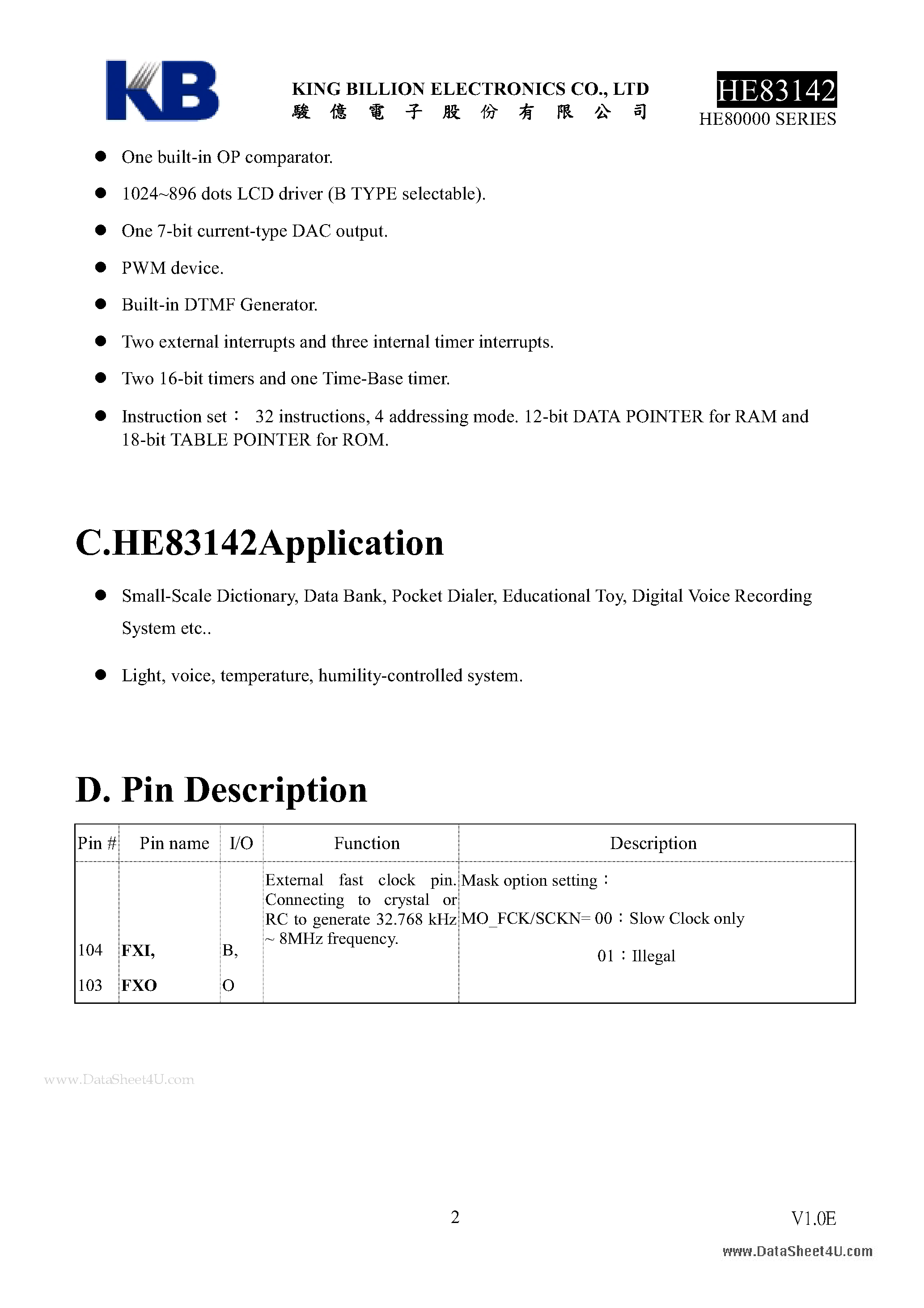 Datasheet HE83142 - 8-BIT MICRO-CONTROLLER page 2