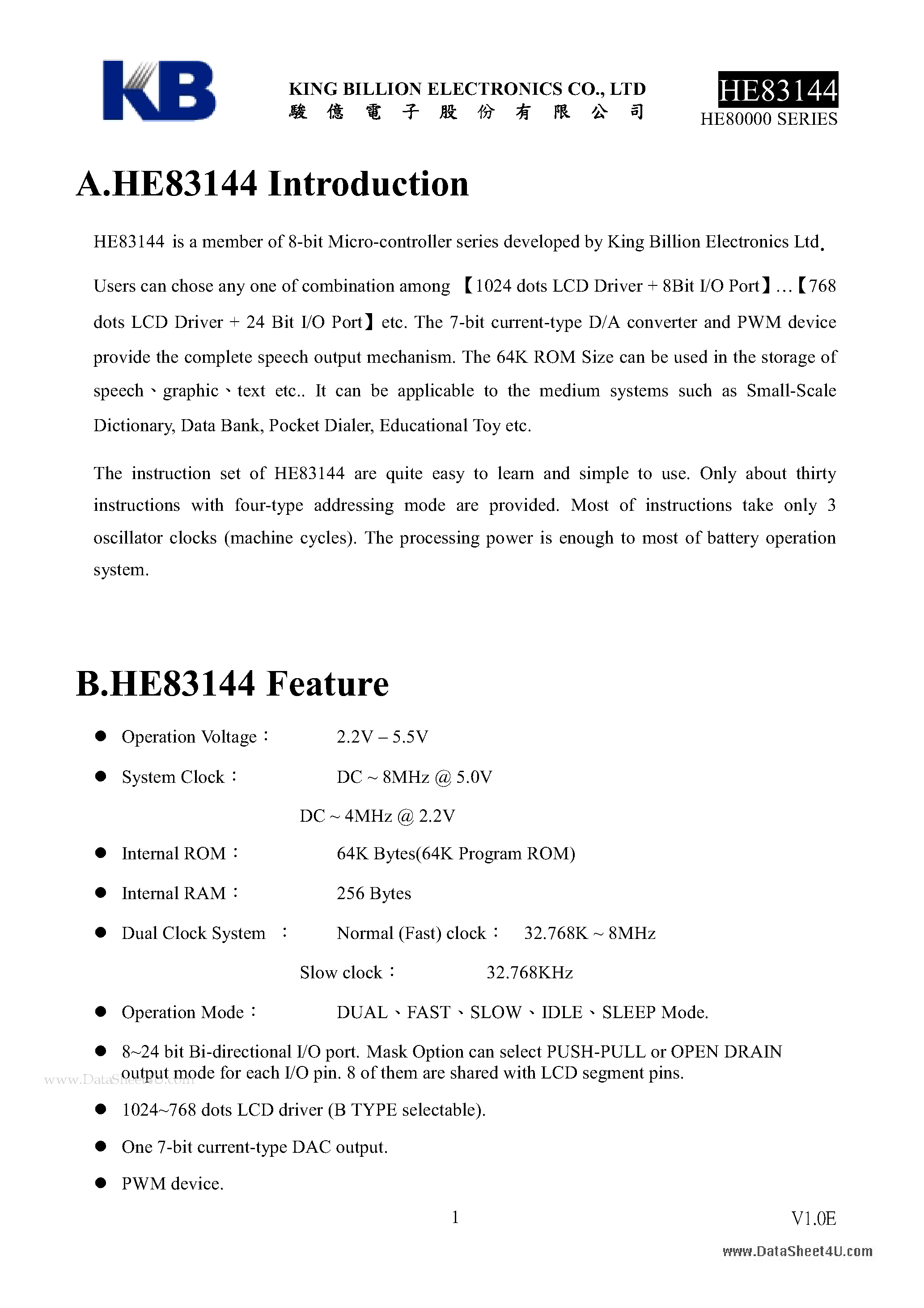 Datasheet HE83144 - 8-BIT MICRO-CONTROLLER page 1