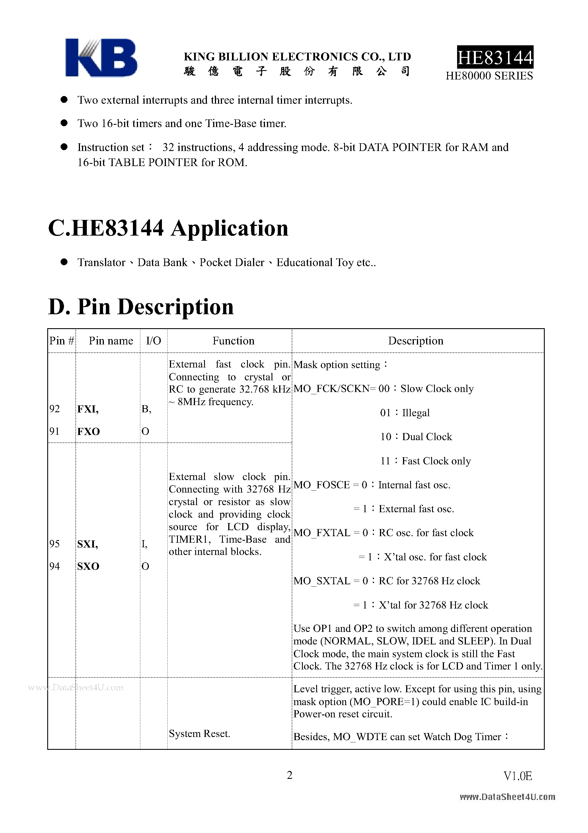 Datasheet HE83144 - 8-BIT MICRO-CONTROLLER page 2