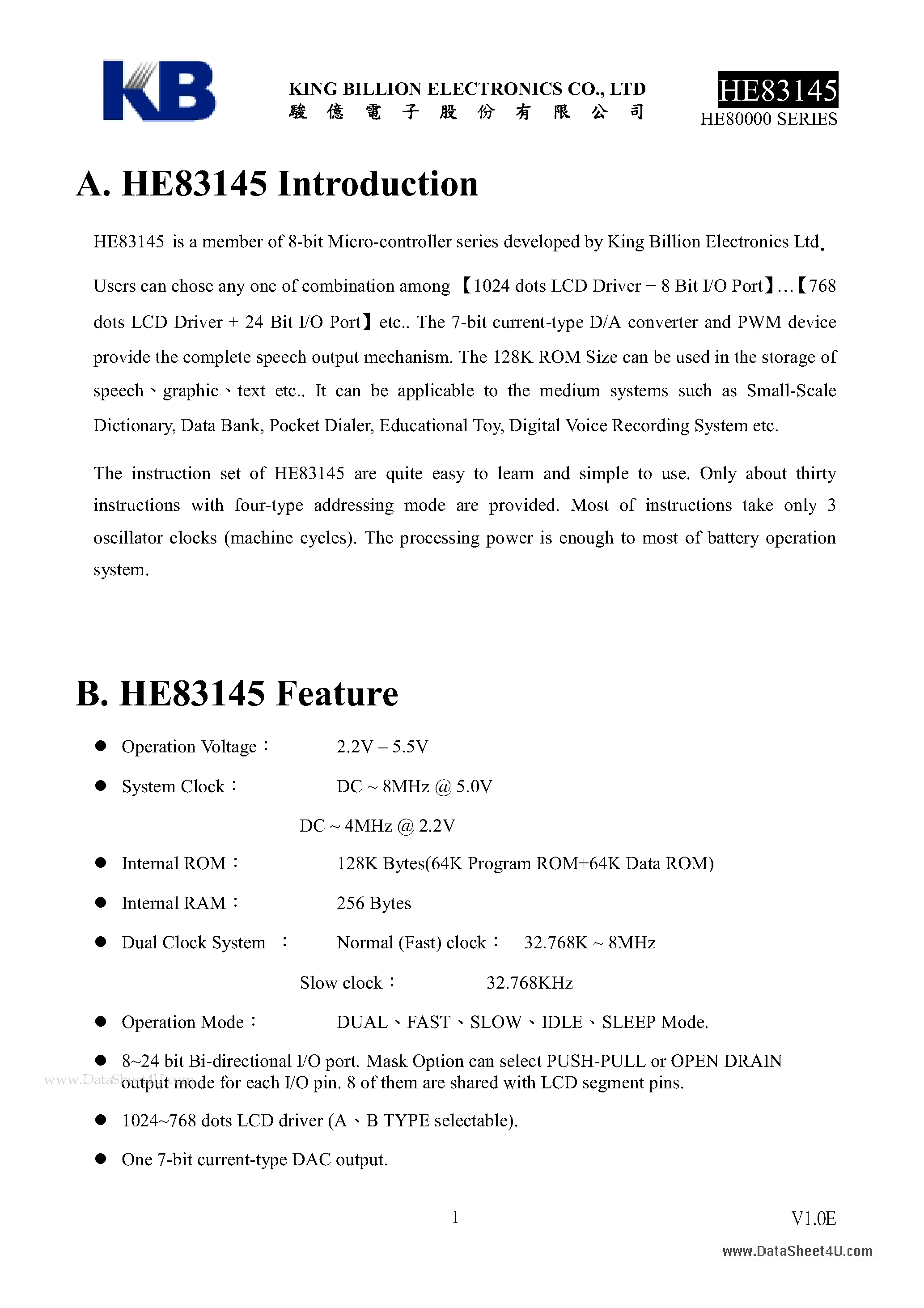 Datasheet HE83145 - 8-BIT MICRO-CONTROLLER page 1