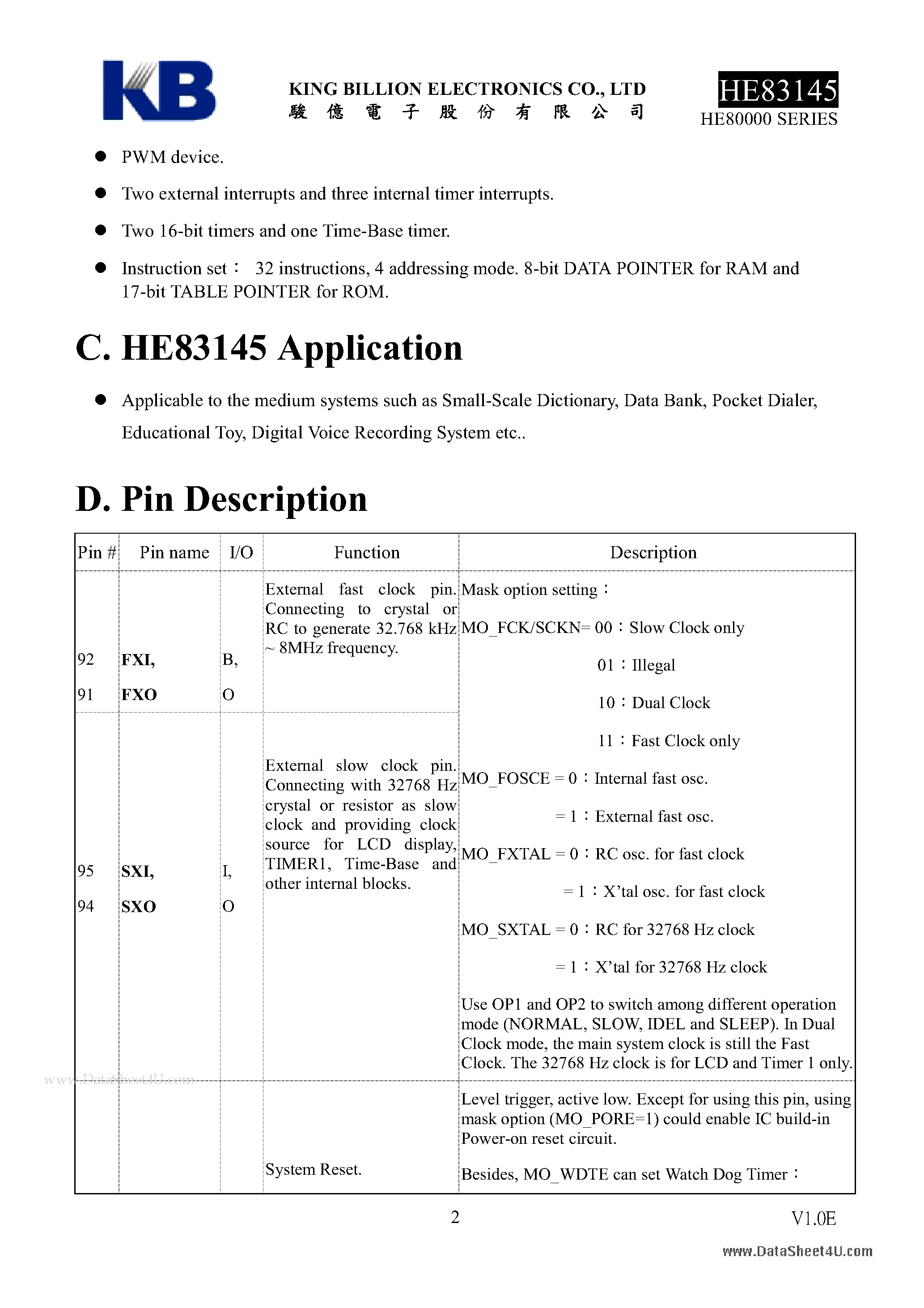 Datasheet HE83145 - 8-BIT MICRO-CONTROLLER page 2