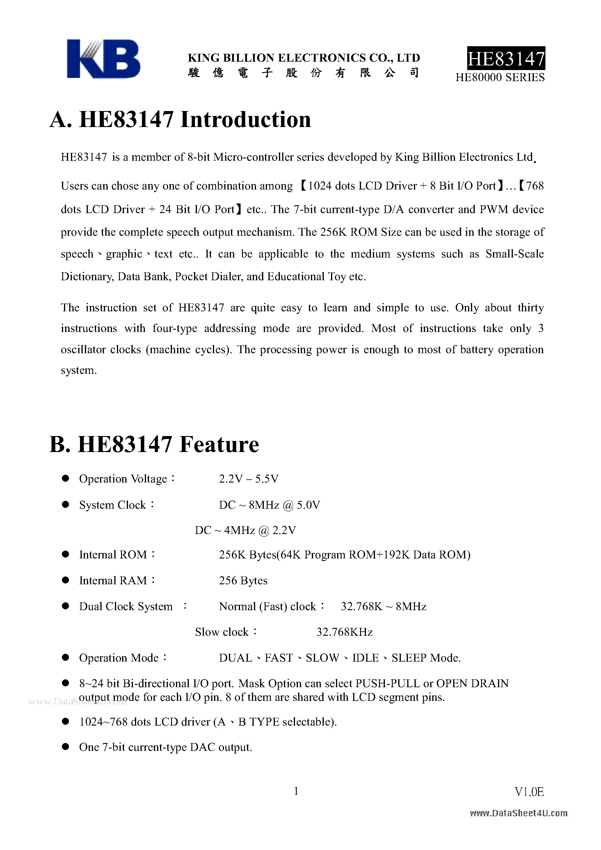Datasheet HE83147 - 8-BIT MICRO-CONTROLLER page 1