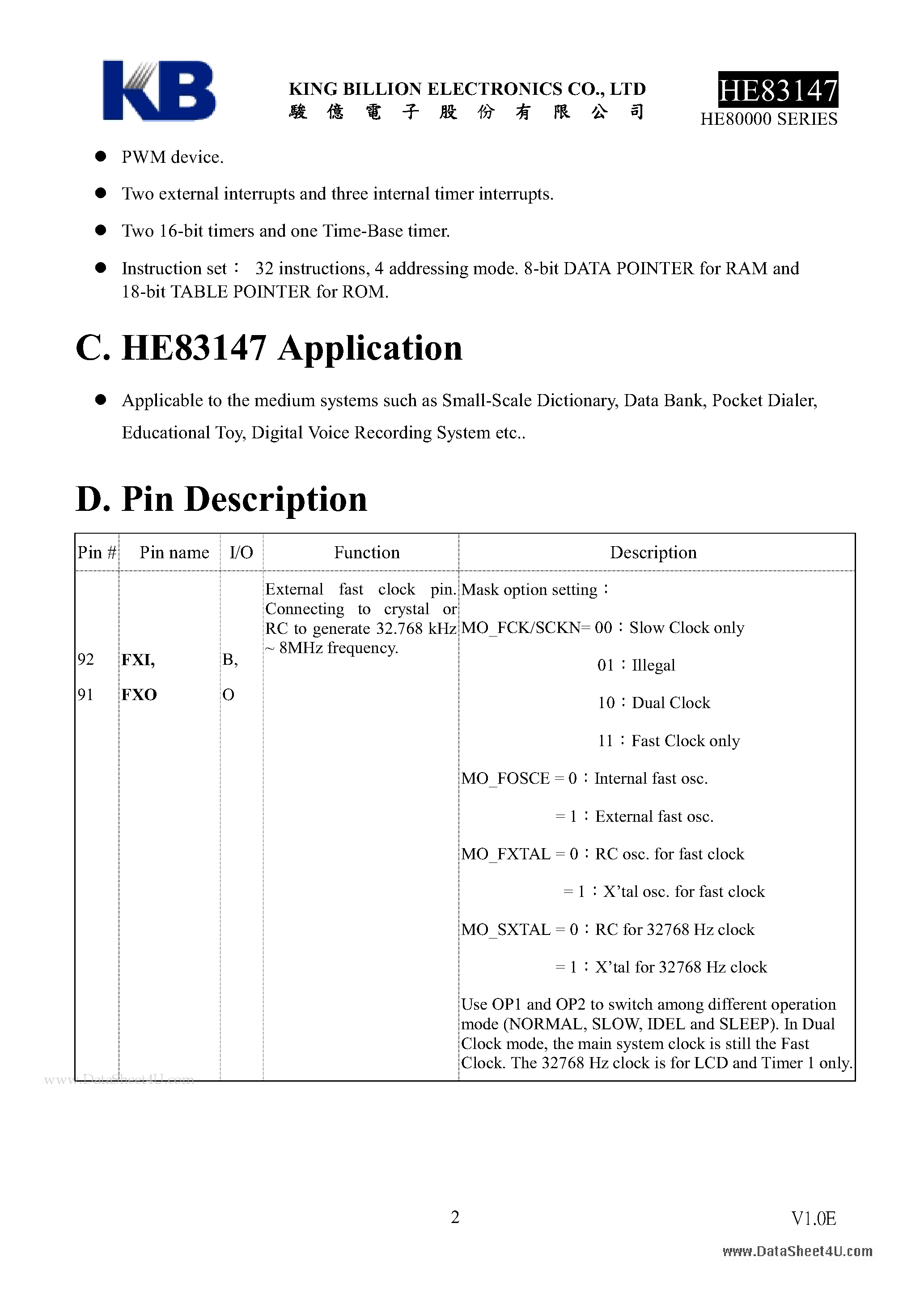 Datasheet HE83147 - 8-BIT MICRO-CONTROLLER page 2