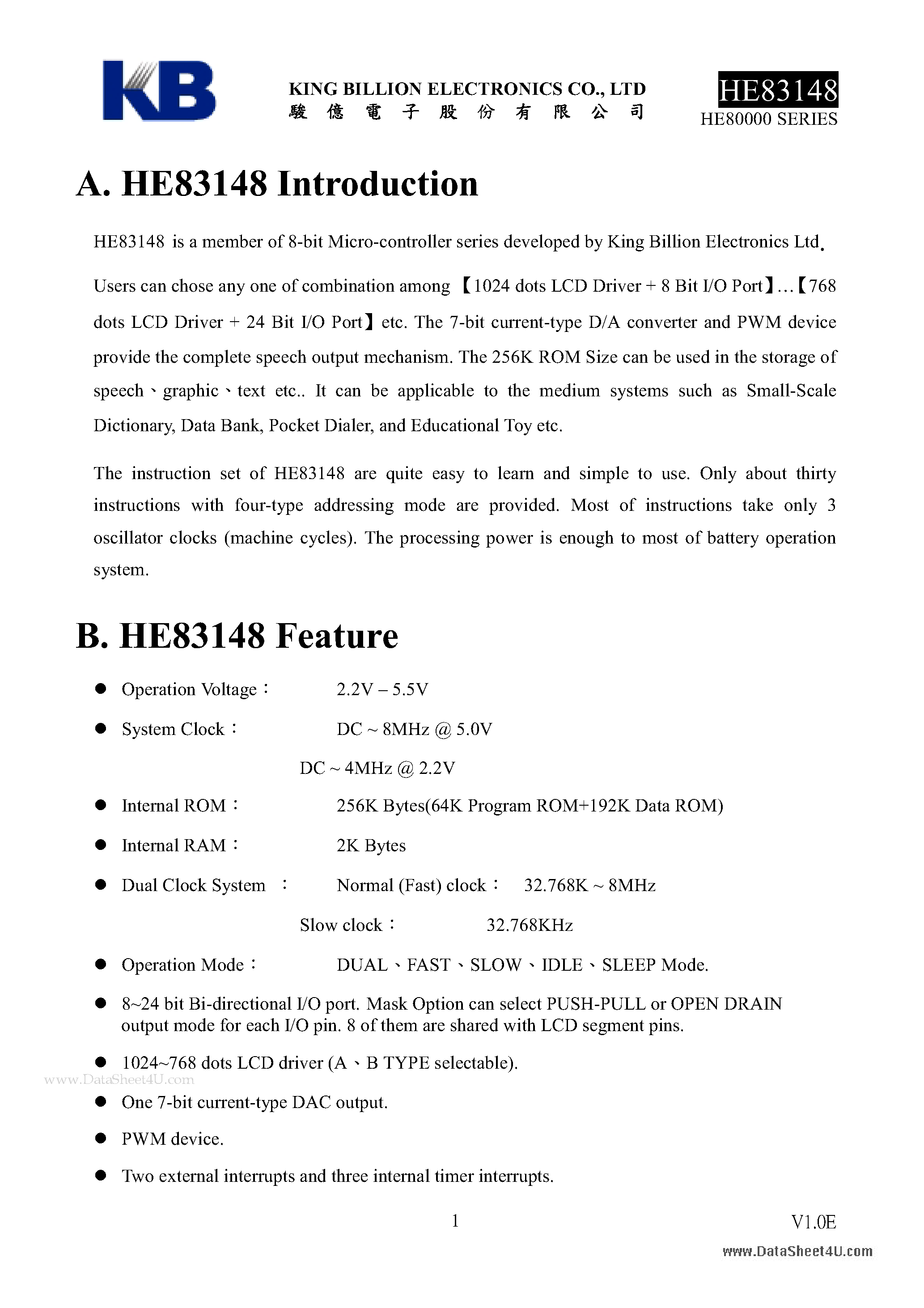 Datasheet HE83148 - 8-BIT MICRO-CONTROLLER page 1