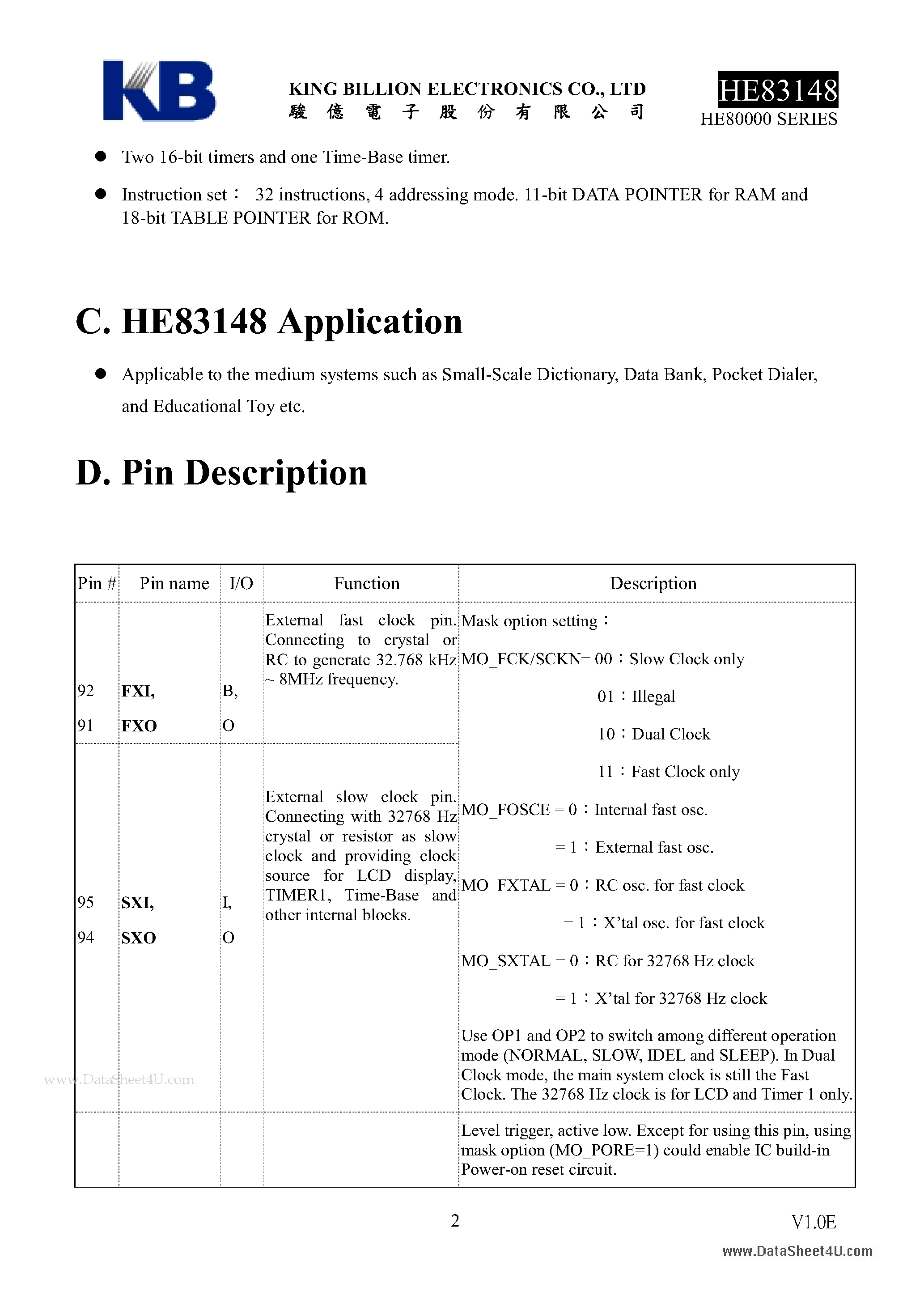 Datasheet HE83148 - 8-BIT MICRO-CONTROLLER page 2