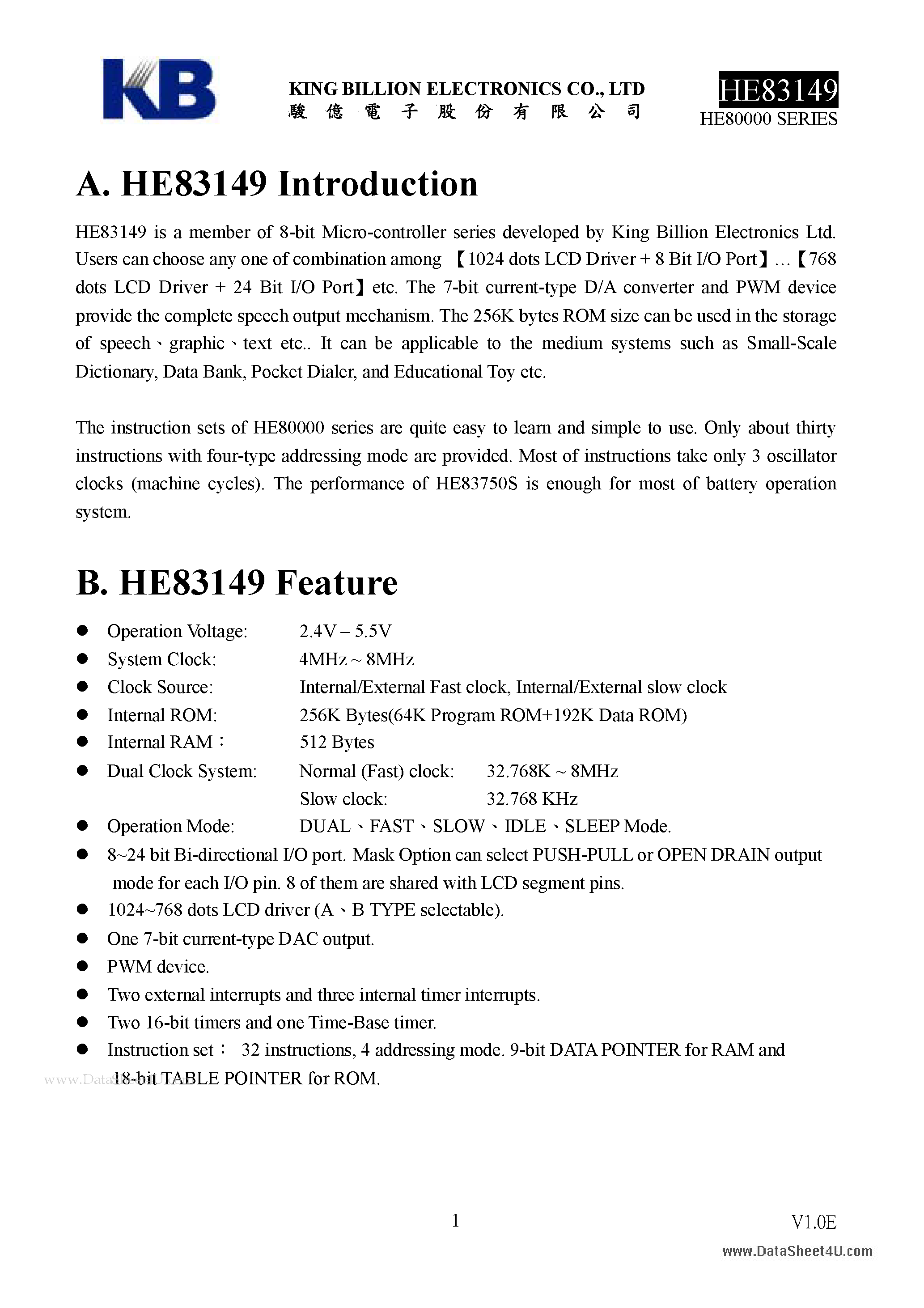 Datasheet HE83149 - 8-BIT MICRO-CONTROLLER page 1