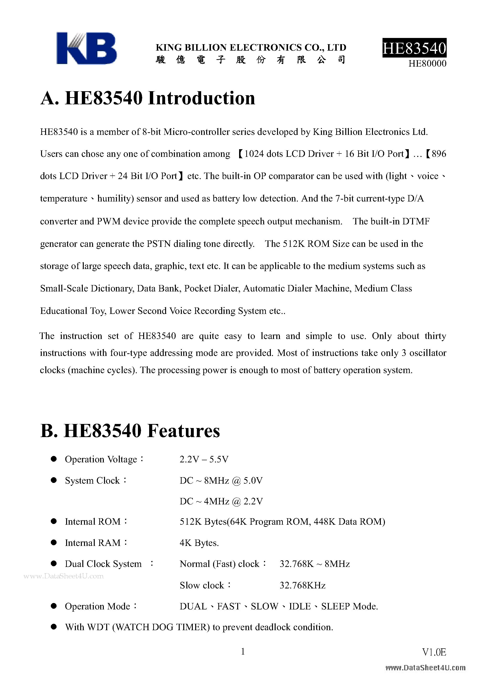 Datasheet HE83540 - 8-BIT MICRO-CONTROLLER page 1