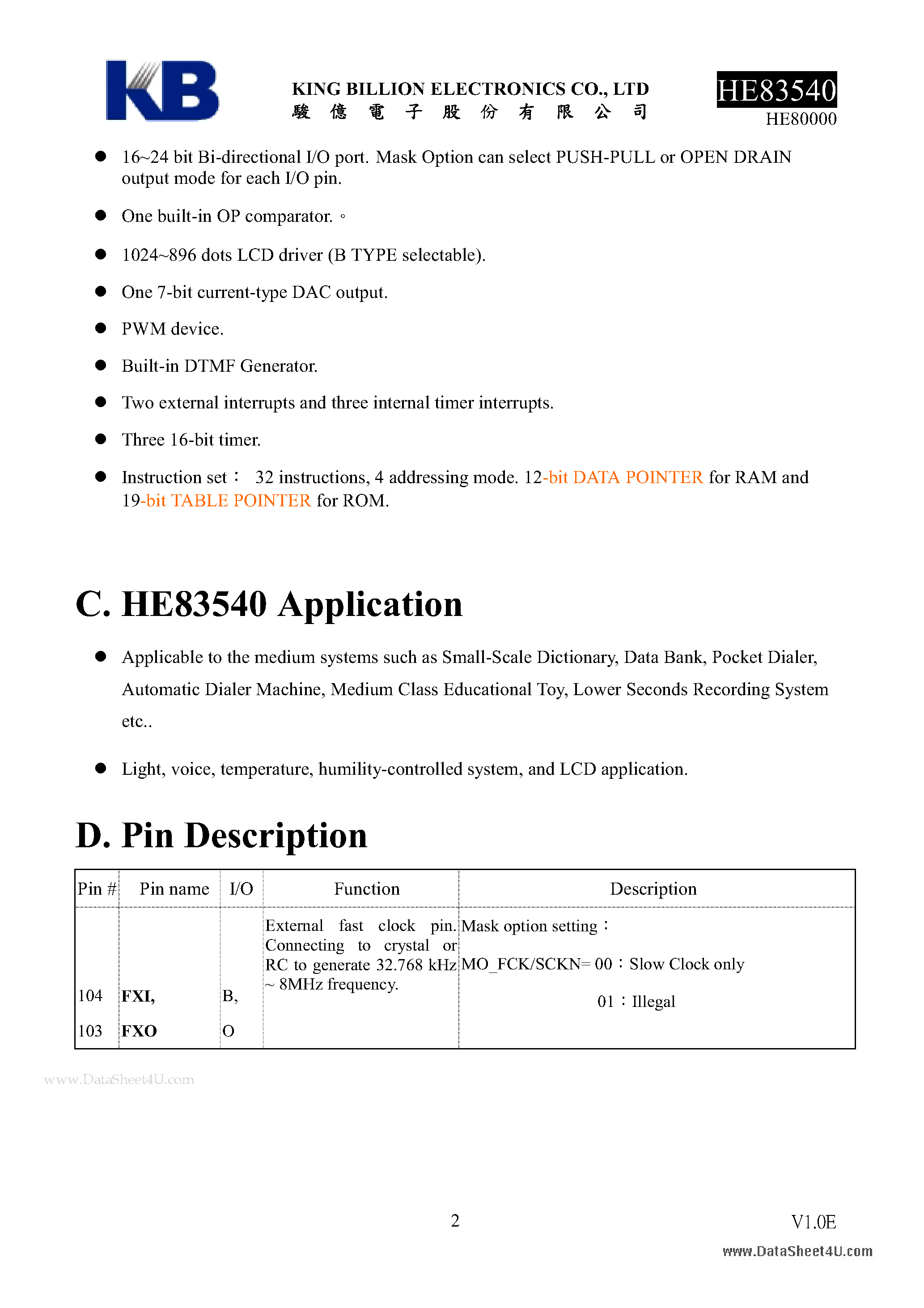 Datasheet HE83540 - 8-BIT MICRO-CONTROLLER page 2
