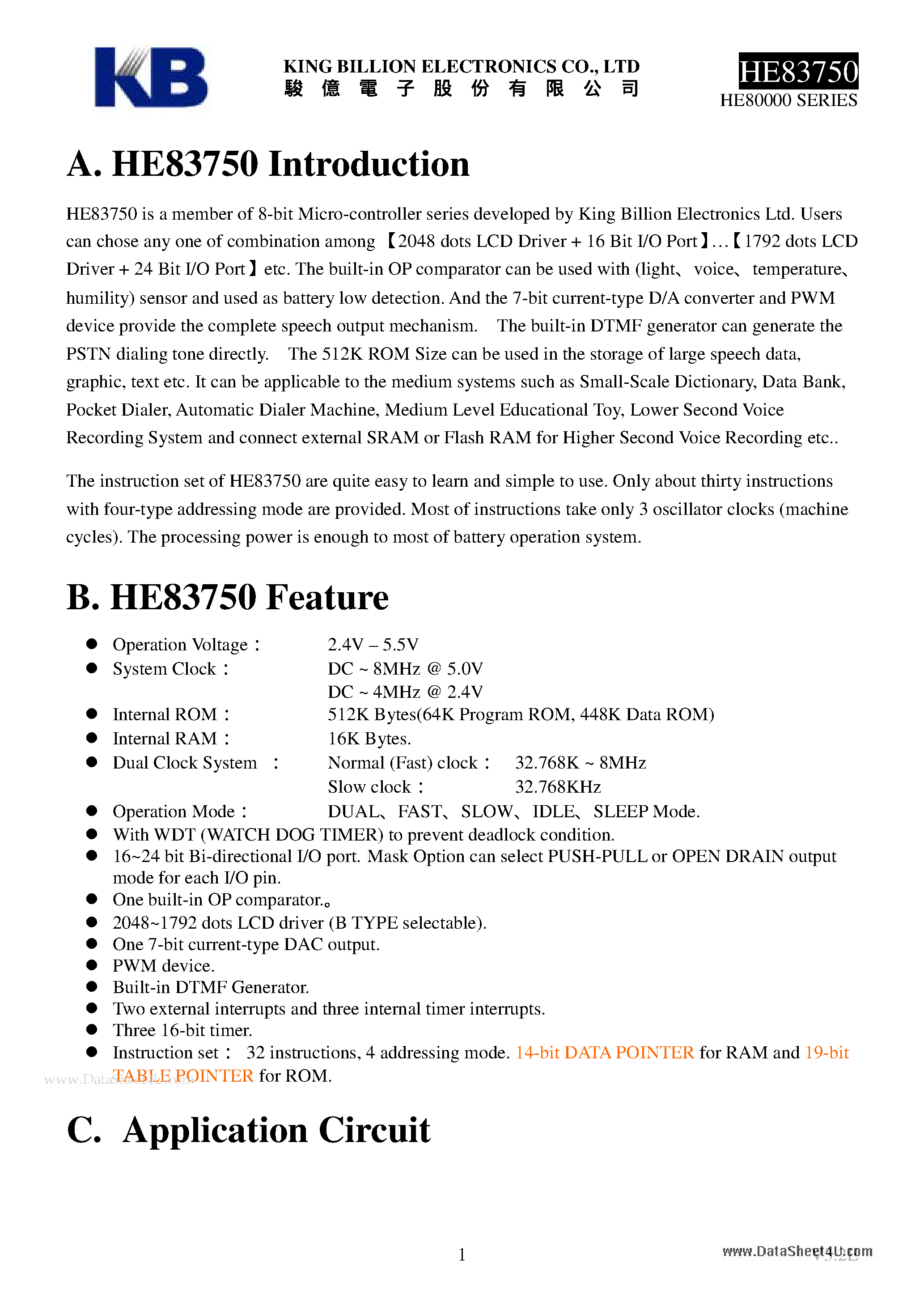 Datasheet HE83750 - 8-BIT MICRO-CONTROLLER page 1