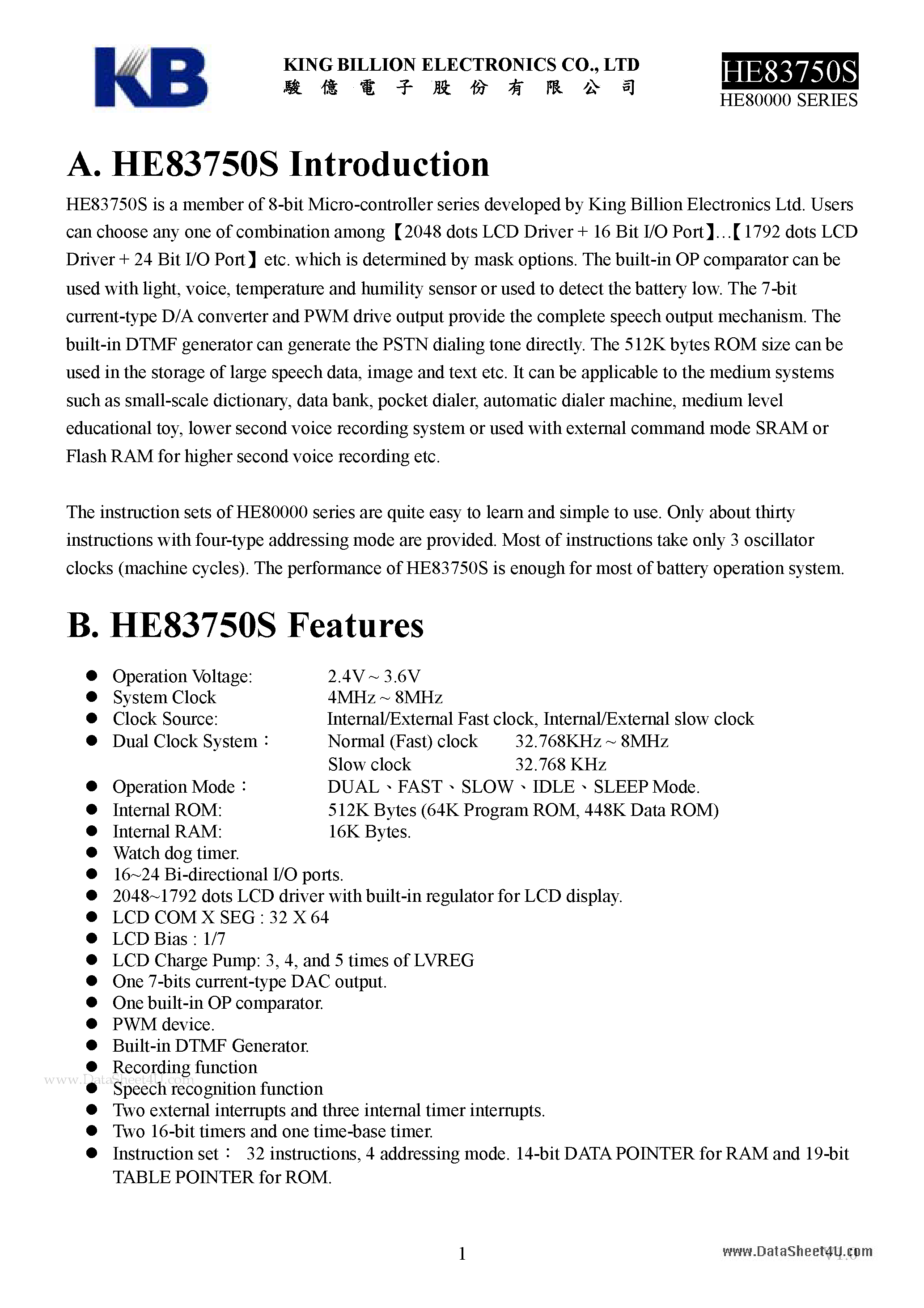 Datasheet HE83750S - 8-BIT MICRO-CONTROLLER page 1