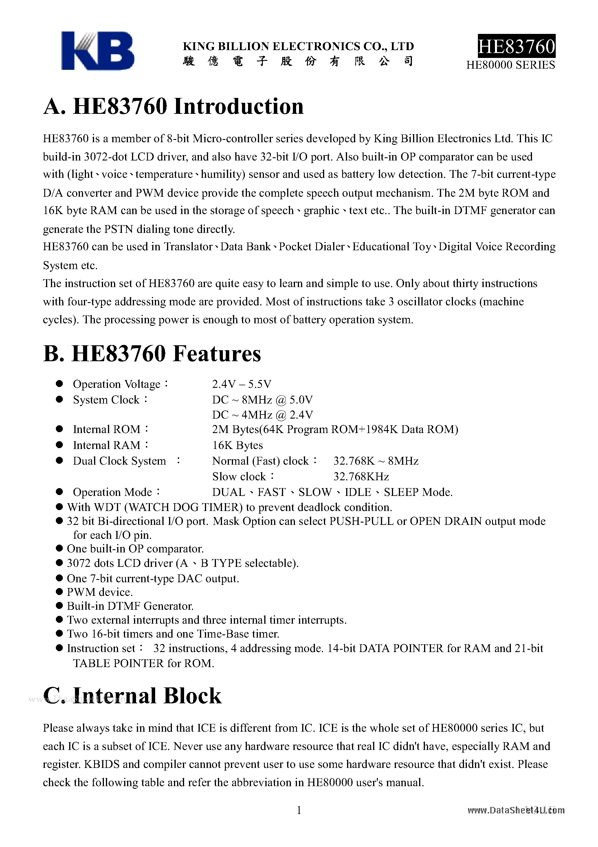 Datasheet HE83760 - 8-BIT MICRO-CONTROLLER page 1