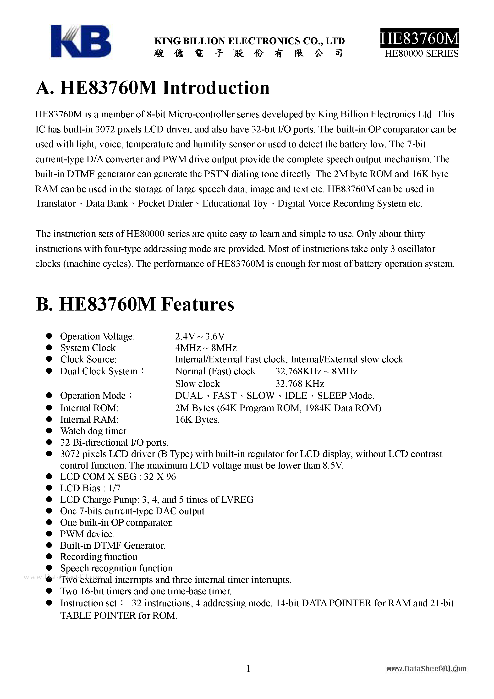 Datasheet HE83760M - 8-BIT MICRO-CONTROLLER page 1