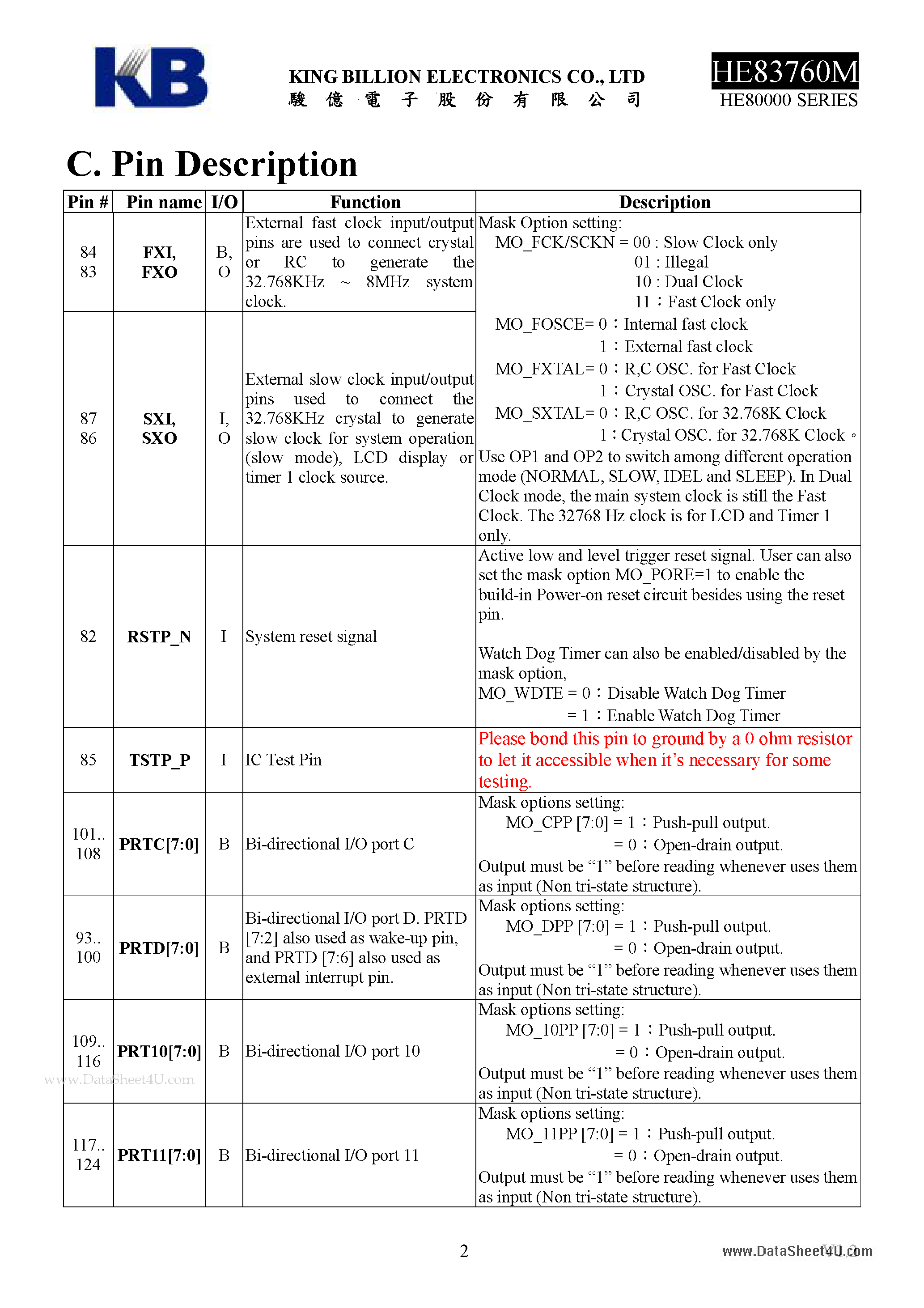 Datasheet HE83760M - 8-BIT MICRO-CONTROLLER page 2