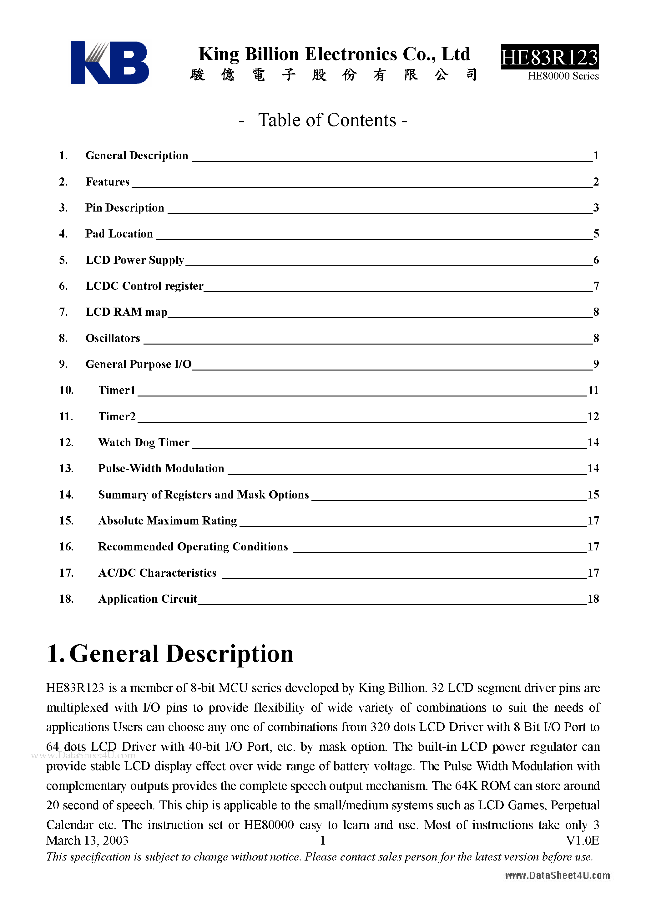 Datasheet HE83R123 - 8-BIT MICRO-CONTROLLER page 1