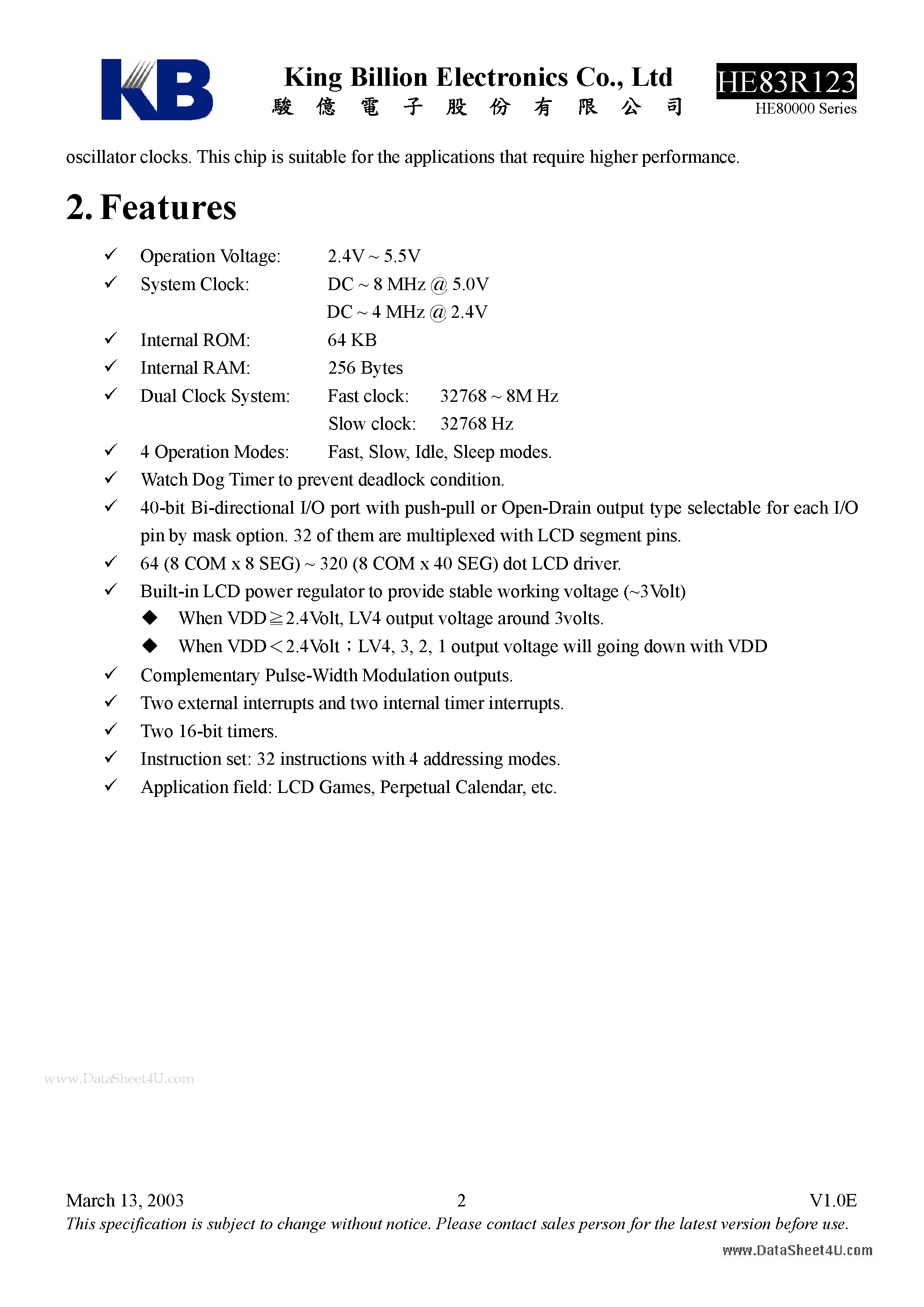 Datasheet HE83R123 - 8-BIT MICRO-CONTROLLER page 2
