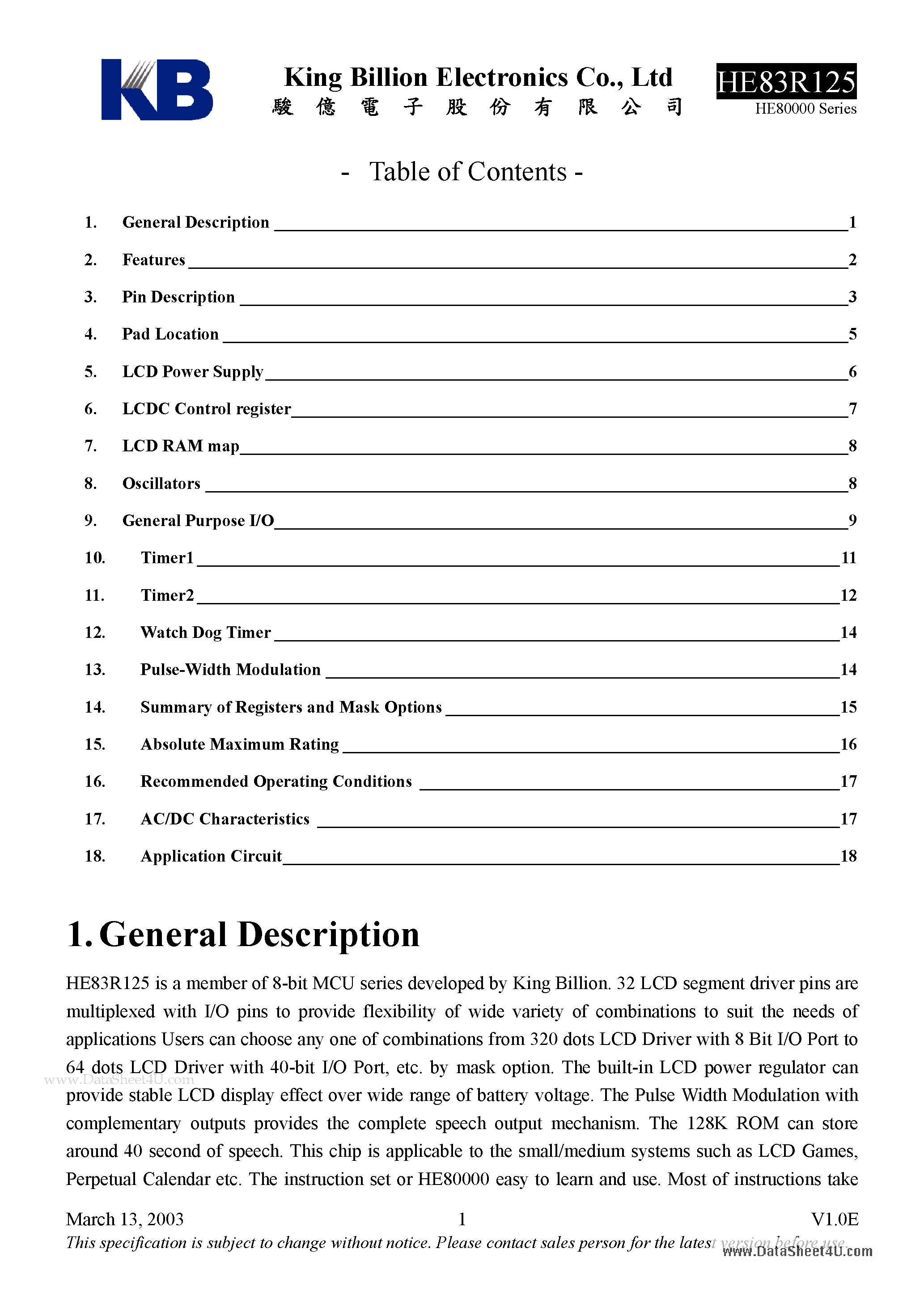 Datasheet HE83R125 - 8-BIT MICRO-CONTROLLER page 1
