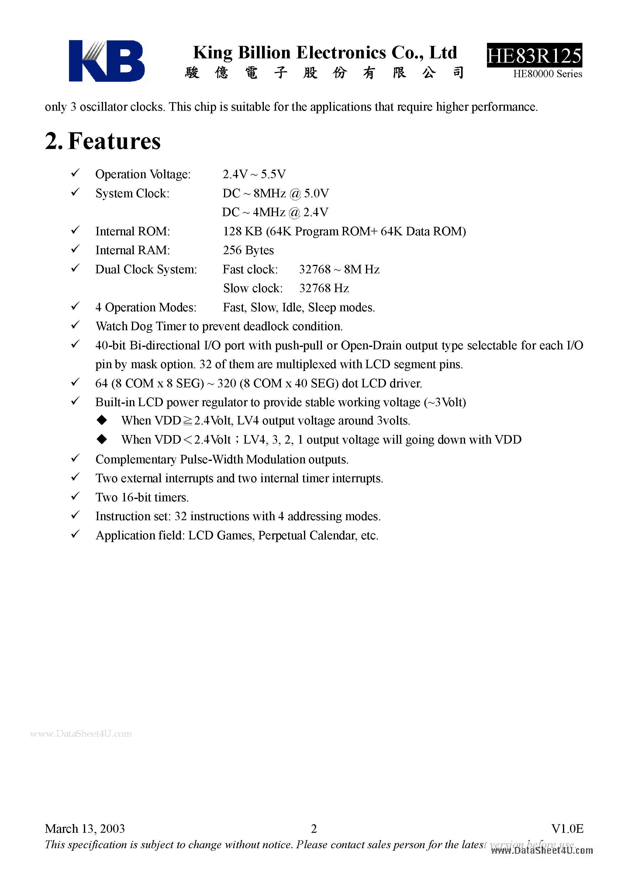 Datasheet HE83R125 - 8-BIT MICRO-CONTROLLER page 2