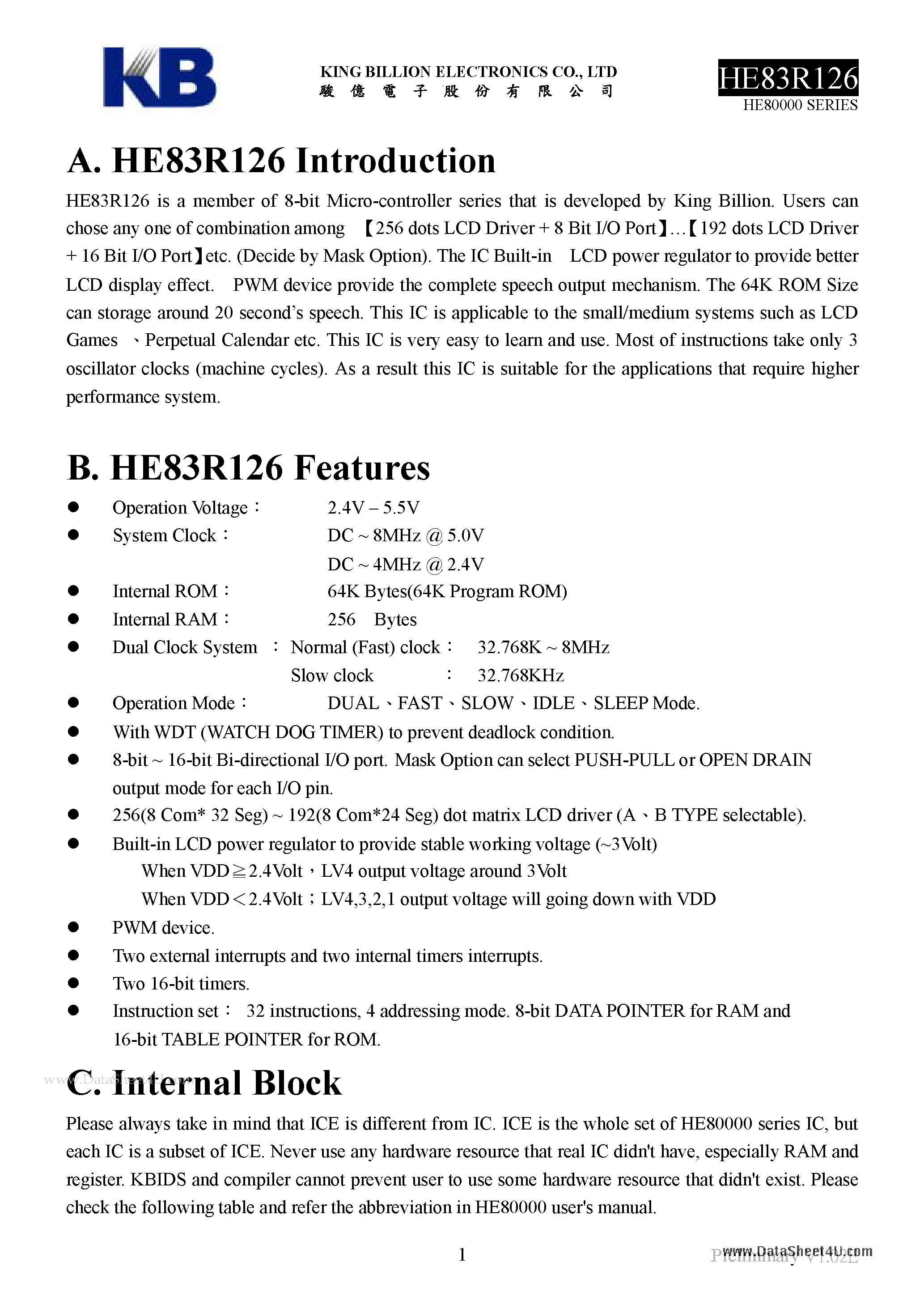 Datasheet HE83R126 - 8-BIT MICRO-CONTROLLER page 1