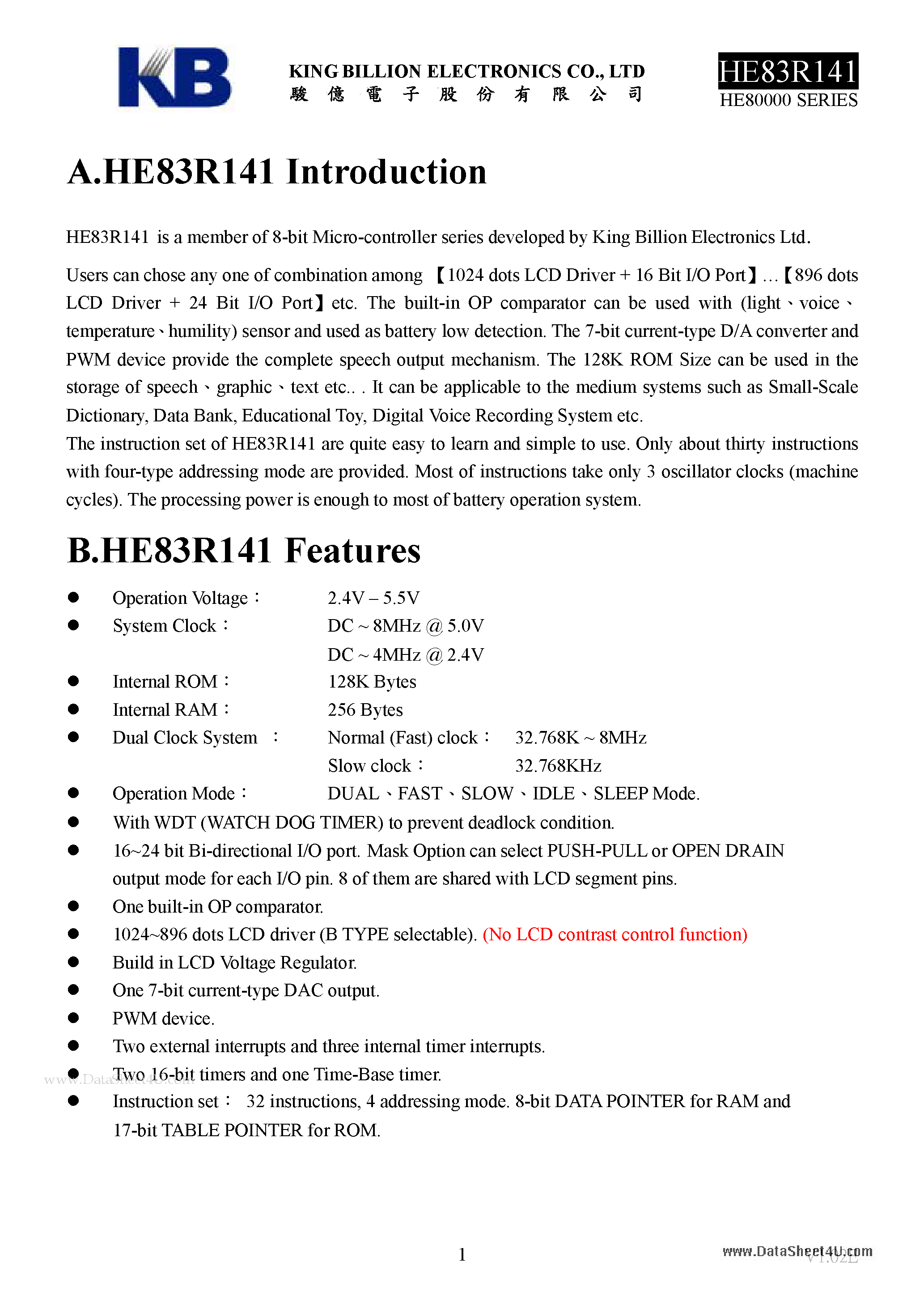 Datasheet HE83R141 - 8-BIT MICRO-CONTROLLER page 1