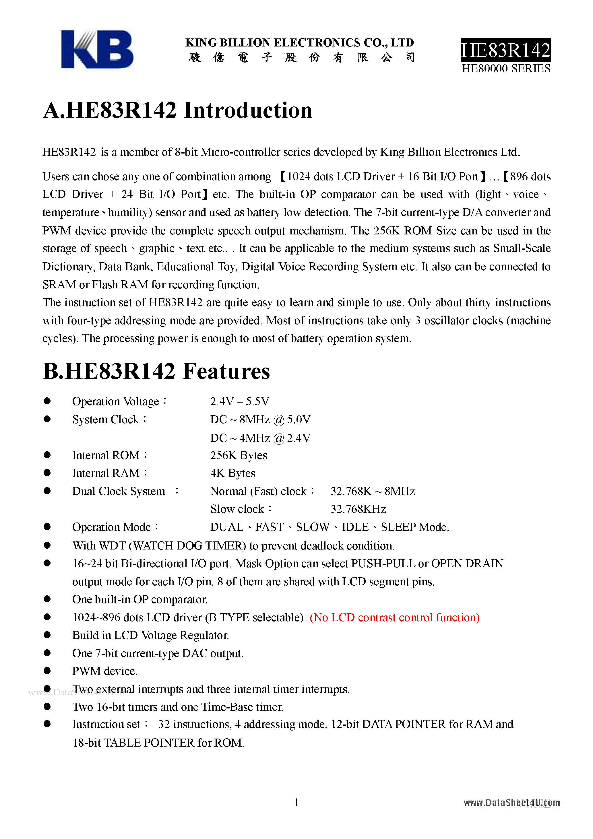 Datasheet HE83R142 - 8-BIT MICRO-CONTROLLER page 1
