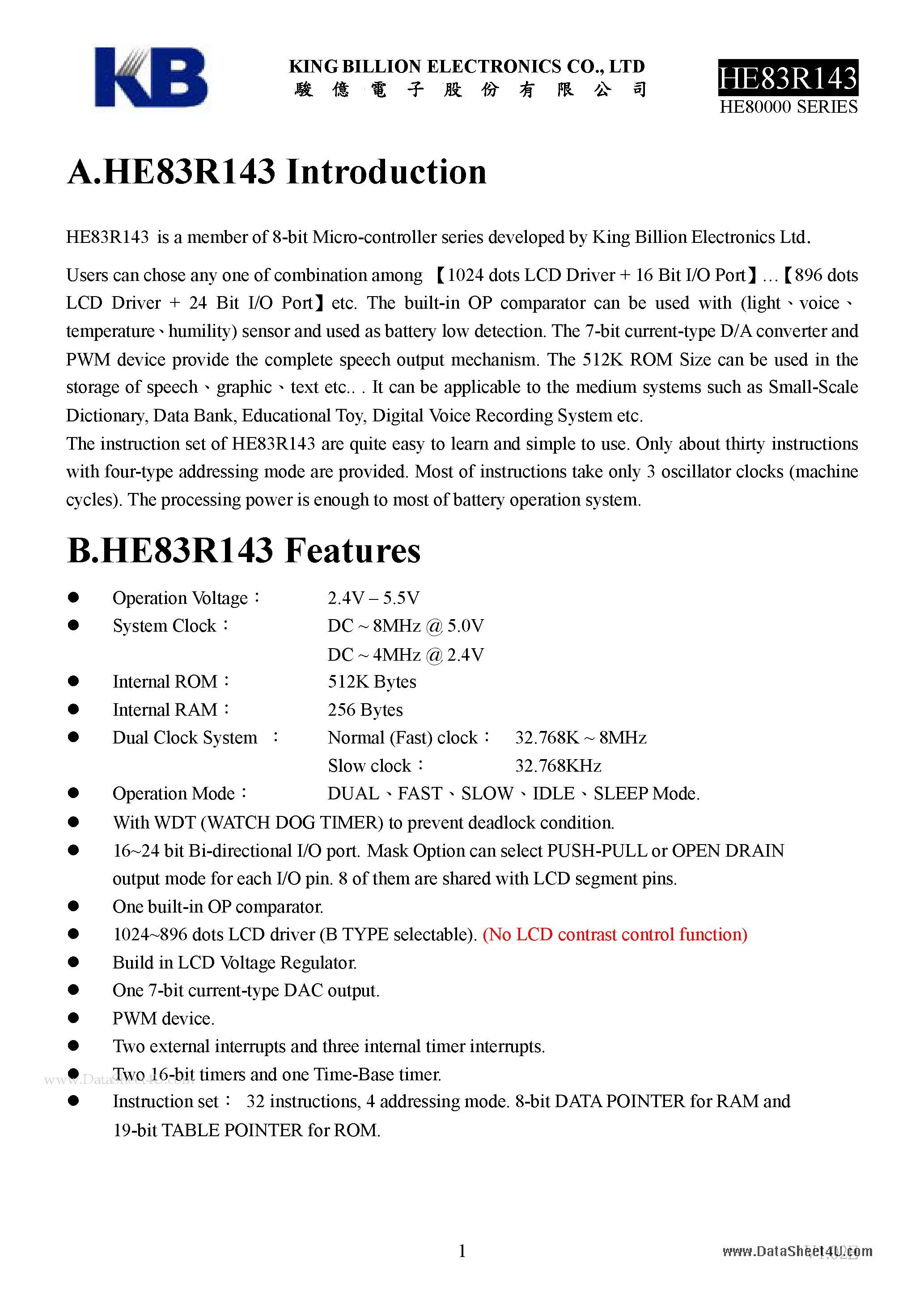 Datasheet HE83R143 page 1 Datasheet HE83R143 - 8-BIT MICRO-CONTROLLER page 1