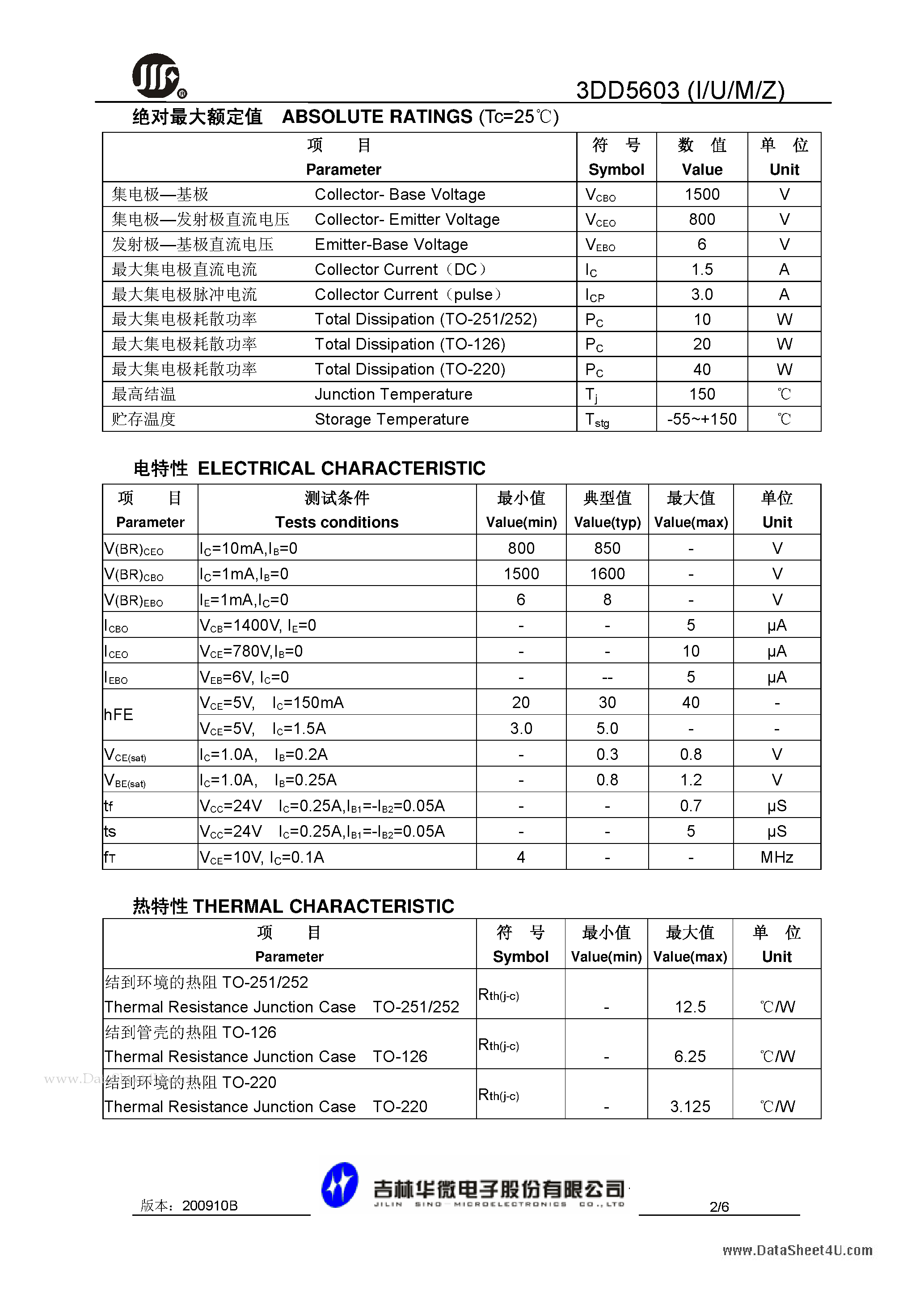 Даташит 3DD5603 - HIGH VOLTAGE FAST-SWITCHING NPN POWER TRANSISTOR страница 2