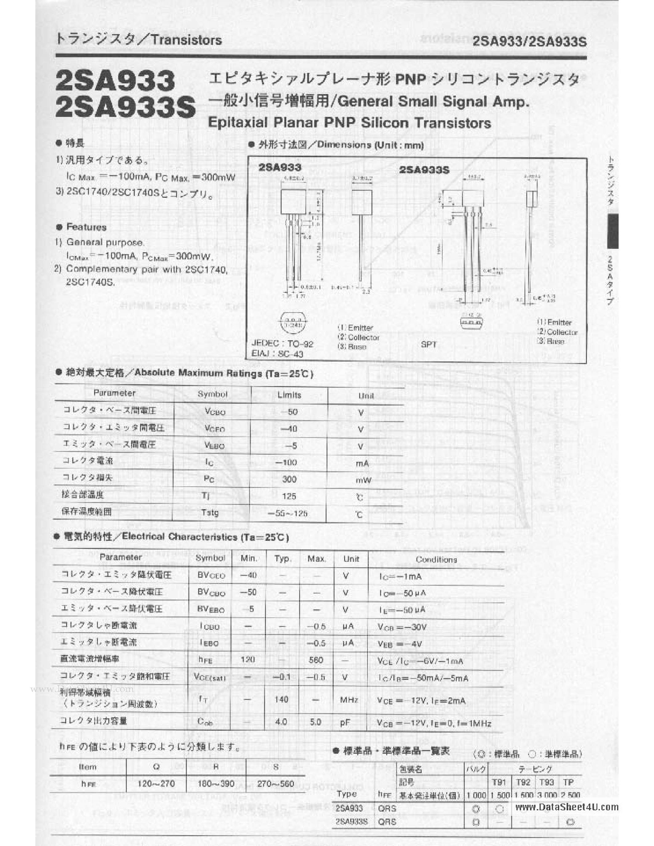 Datasheet 2SA933 - EPITAXIAL PLANAR PNP SILICON TRANSISTORS page 1