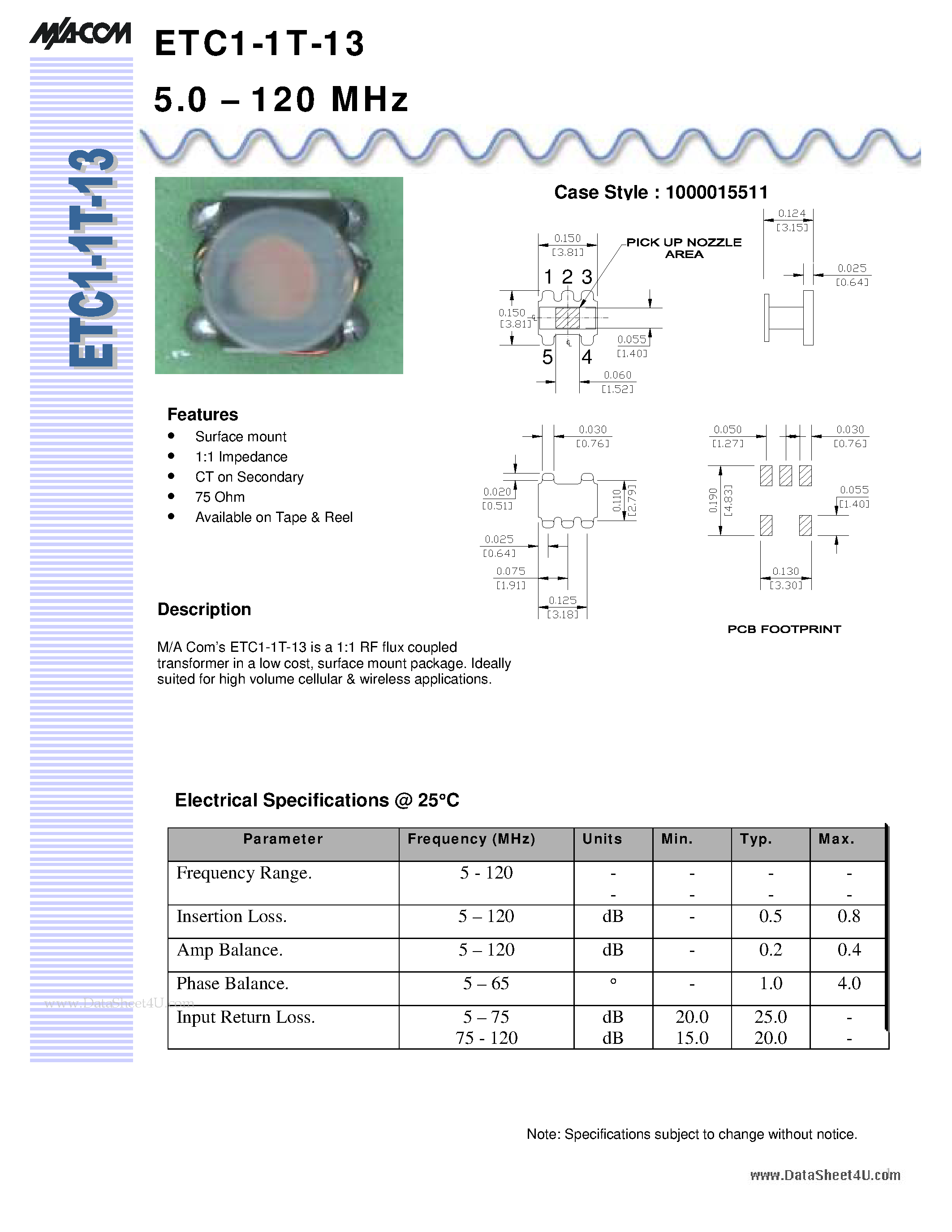 Даташит ETC1-1T-13 - RF 1:1 Flux Coupled Transformer страница 1